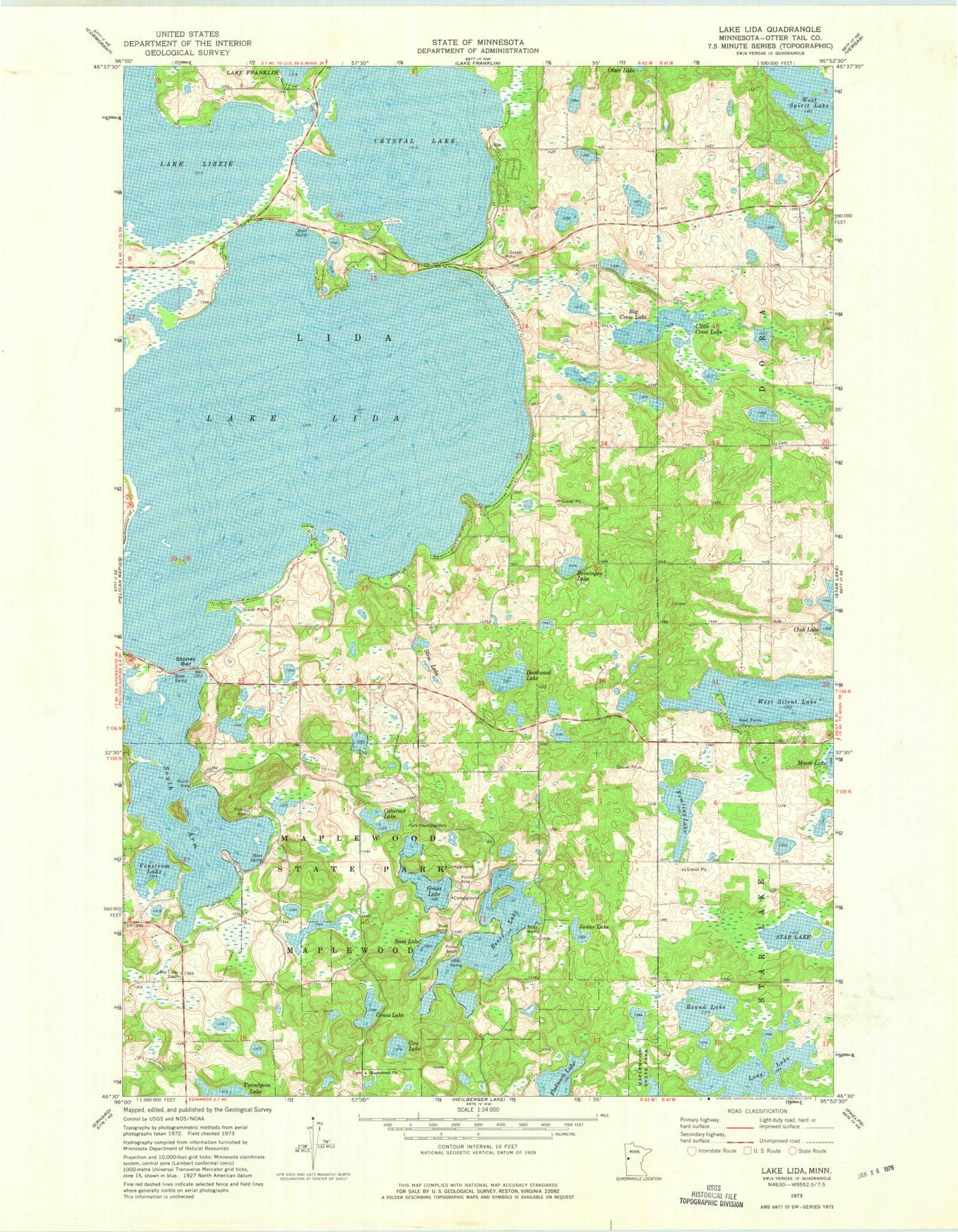 Classic USGS Lake Lida Minnesota 7.5'x7.5' Topo Map Image