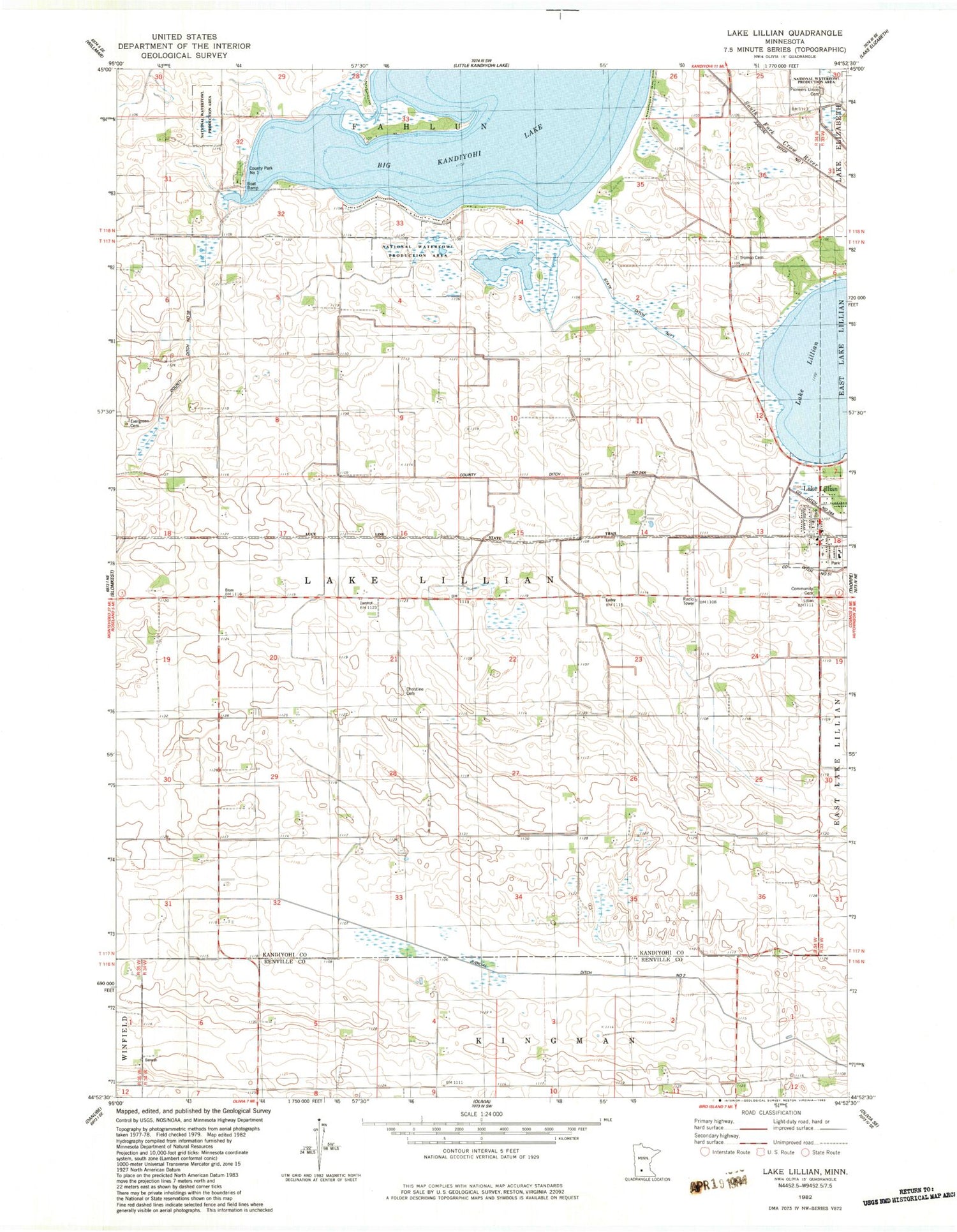 Classic USGS Lake Lillian Minnesota 7.5'x7.5' Topo Map Image