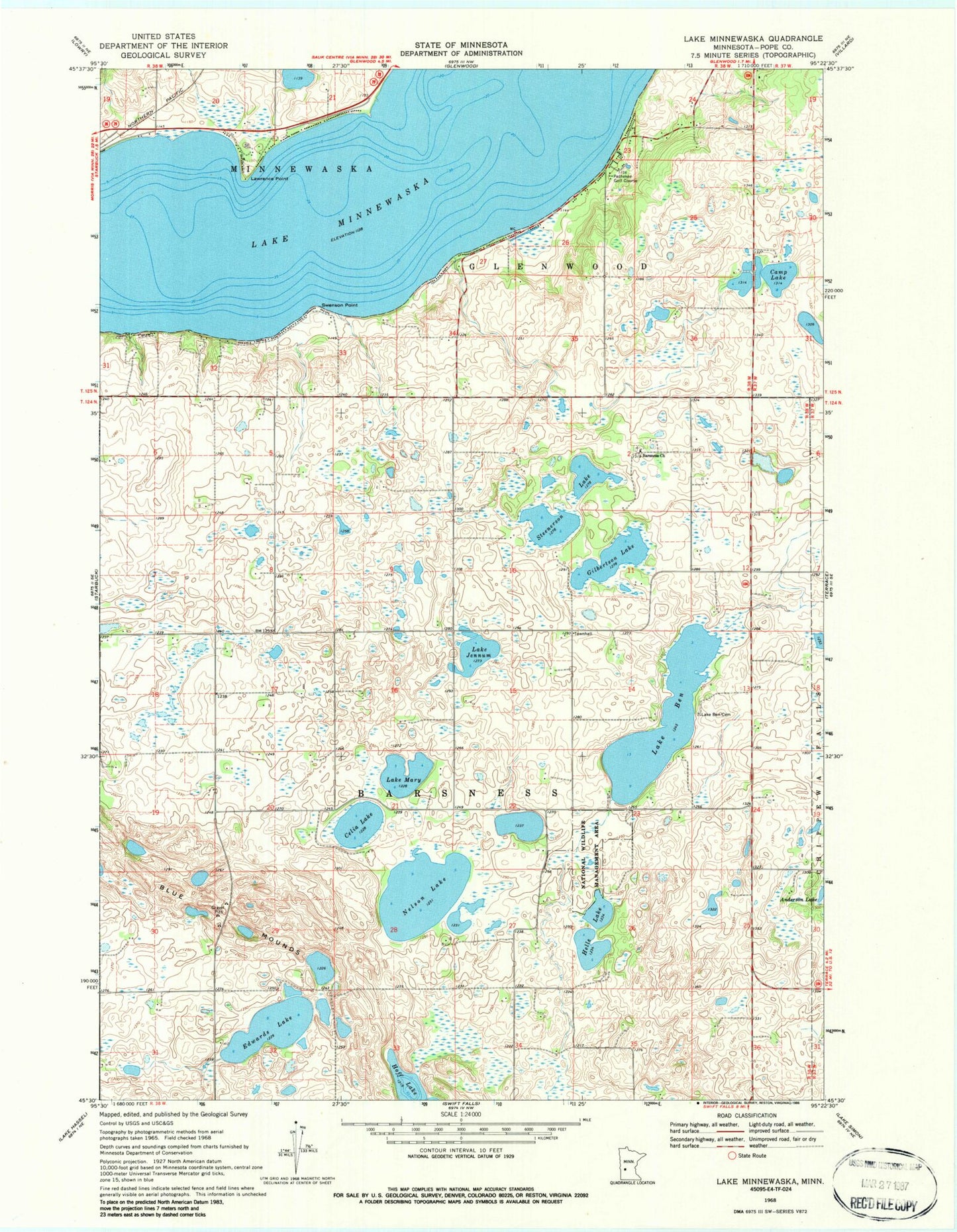 Classic USGS Lake Minnewaska Minnesota 7.5'x7.5' Topo Map Image