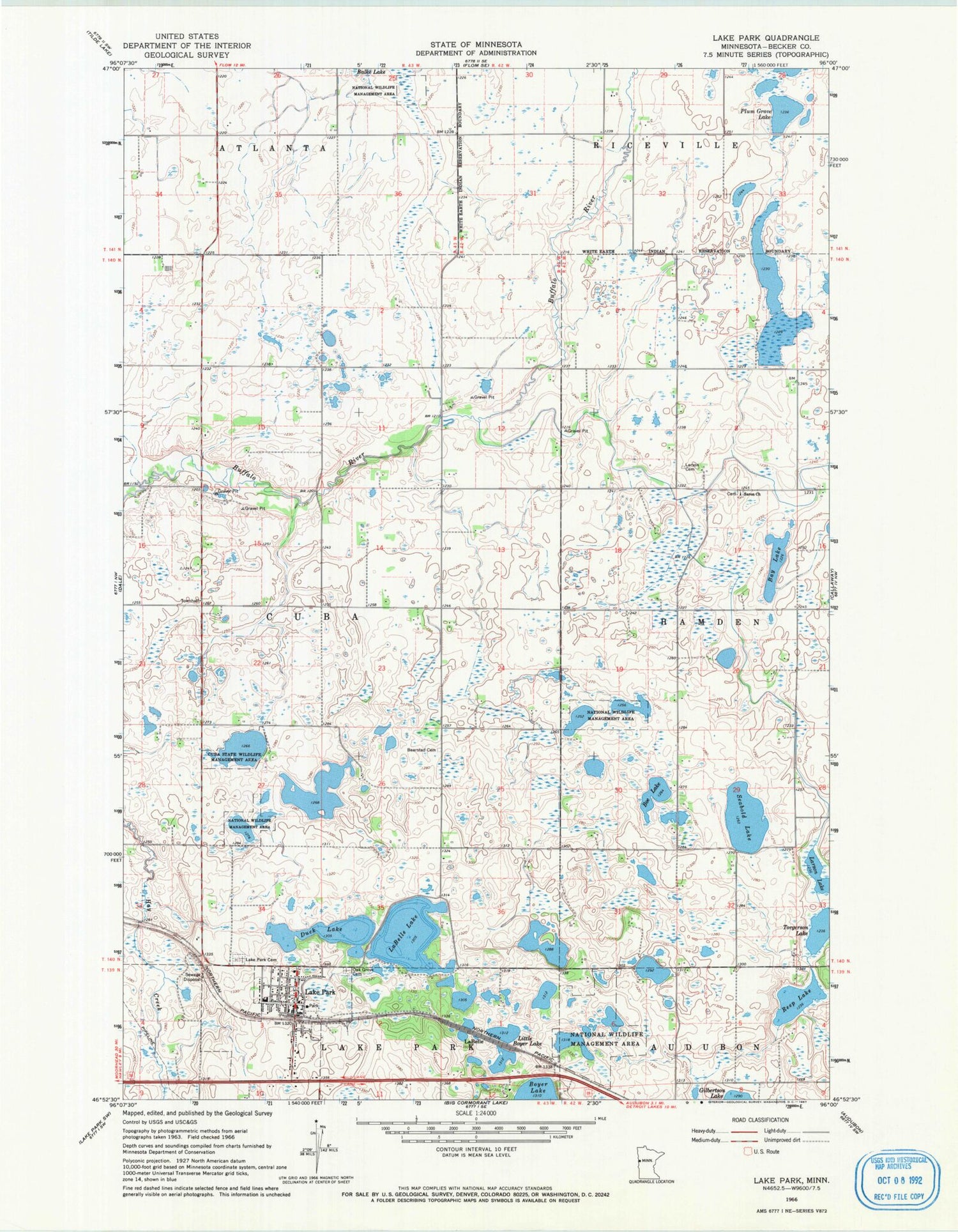 Classic USGS Lake Park Minnesota 7.5'x7.5' Topo Map Image