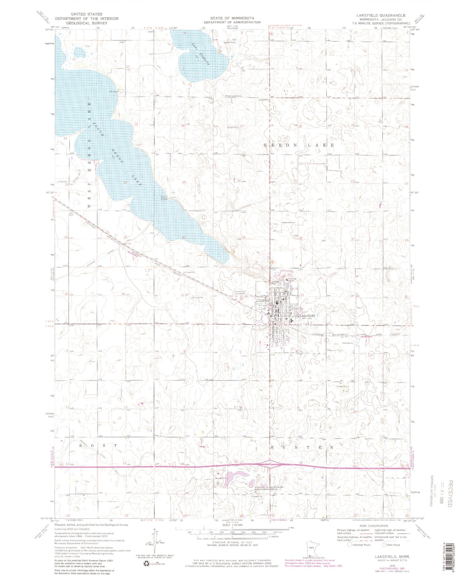 Classic USGS Lakefield Minnesota 7.5'x7.5' Topo Map Image