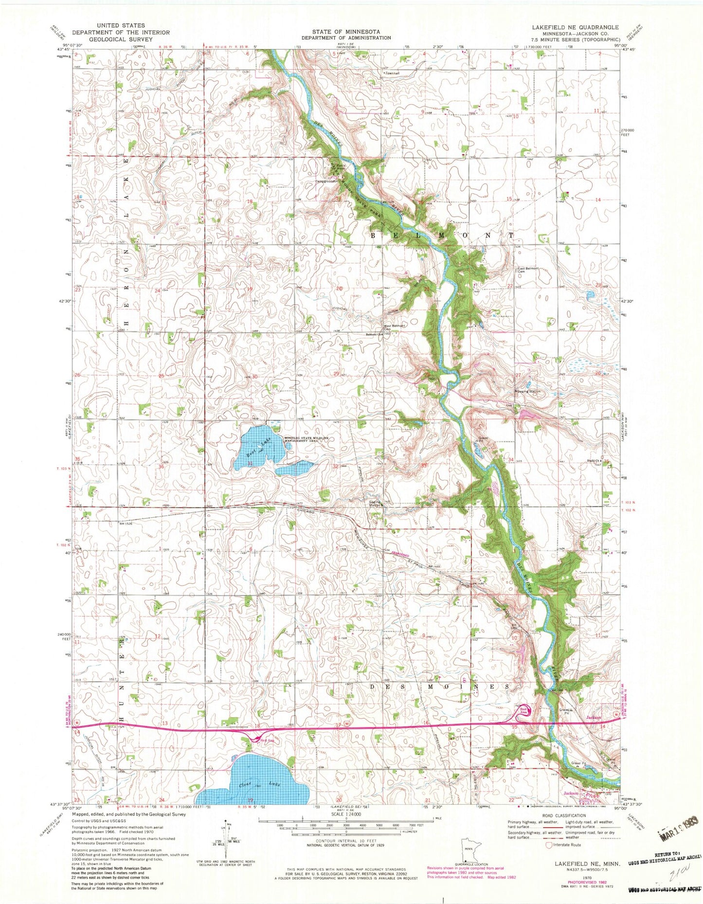 Classic USGS Lakefield NE Minnesota 7.5'x7.5' Topo Map Image
