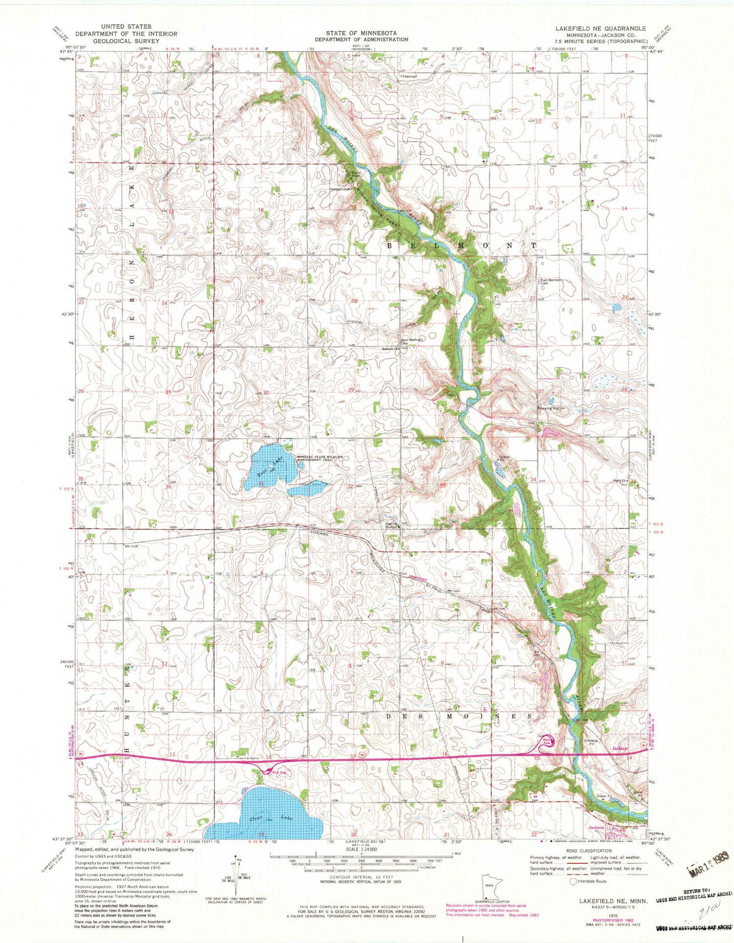 Classic USGS Lakefield NE Minnesota 7.5'x7.5' Topo Map Image