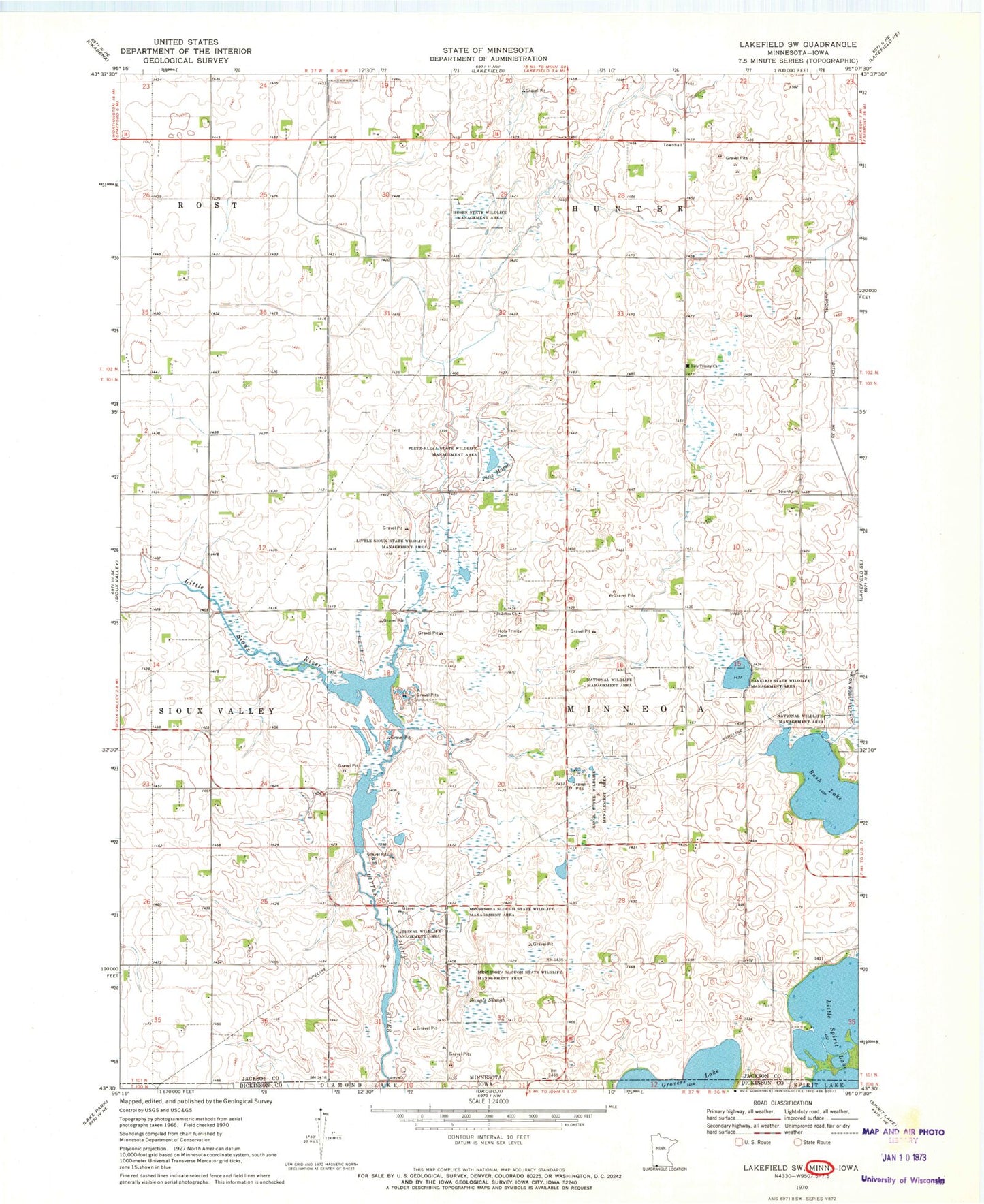 Classic USGS Lakefield SW Minnesota 7.5'x7.5' Topo Map Image