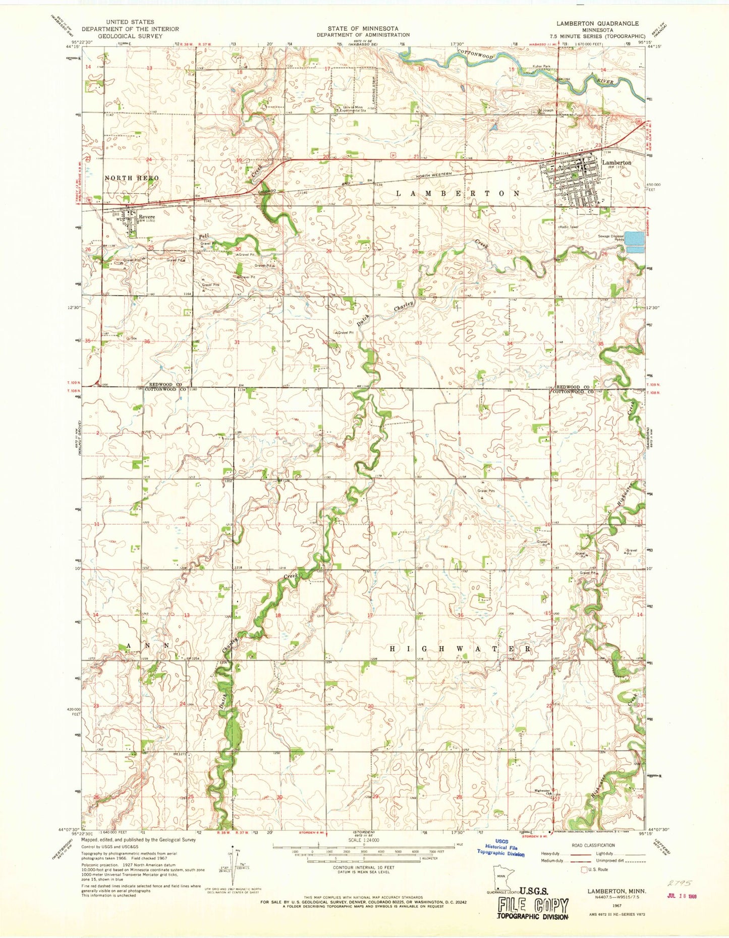 Classic USGS Lamberton Minnesota 7.5'x7.5' Topo Map Image