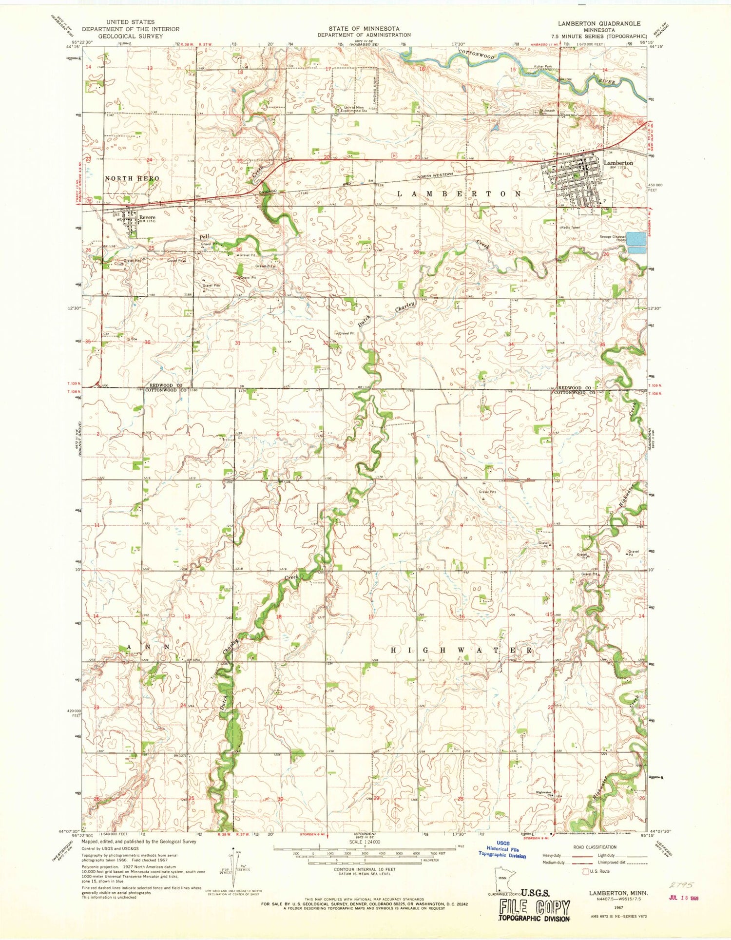 Classic USGS Lamberton Minnesota 7.5'x7.5' Topo Map Image