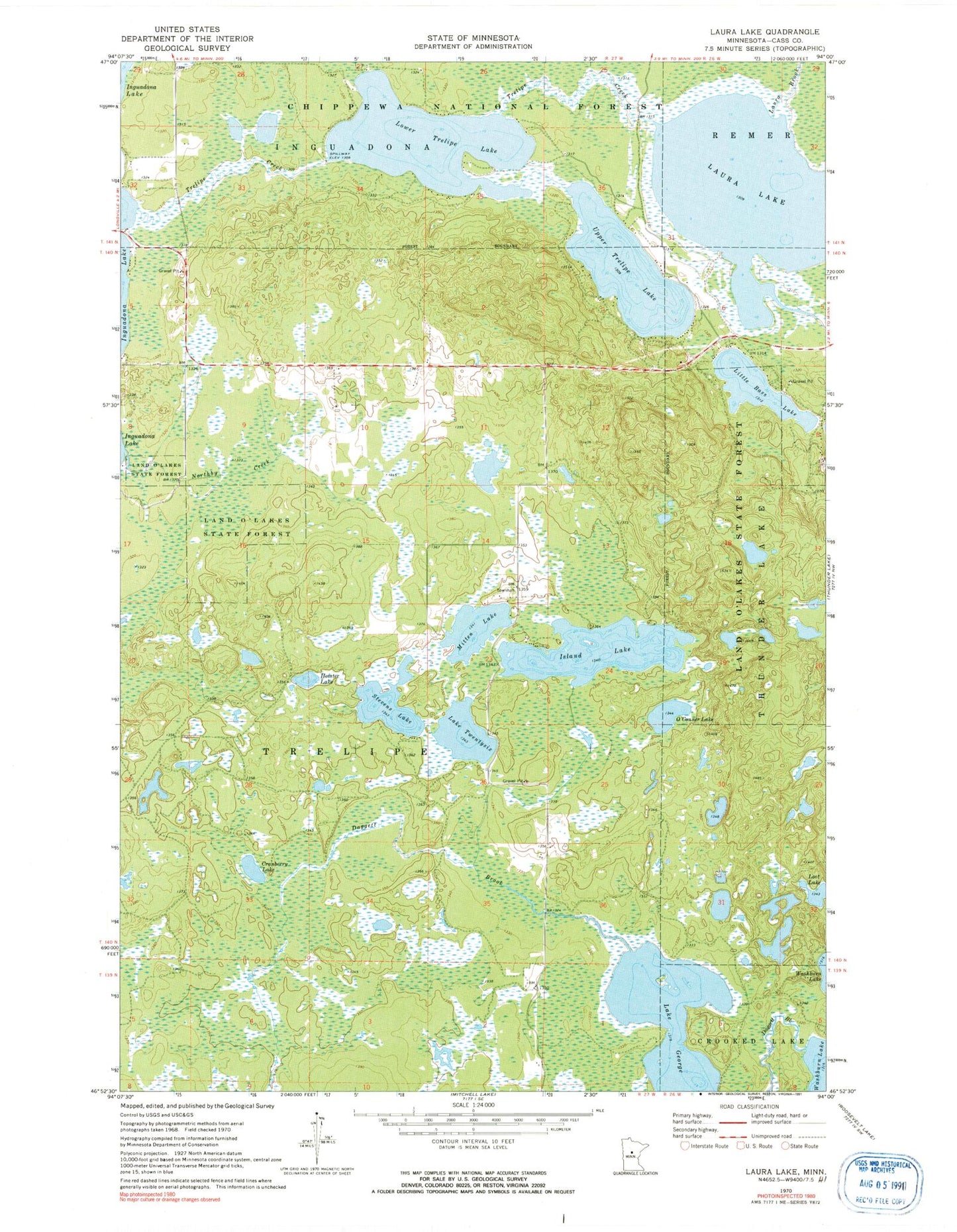 Classic USGS Laura Lake Minnesota 7.5'x7.5' Topo Map Image