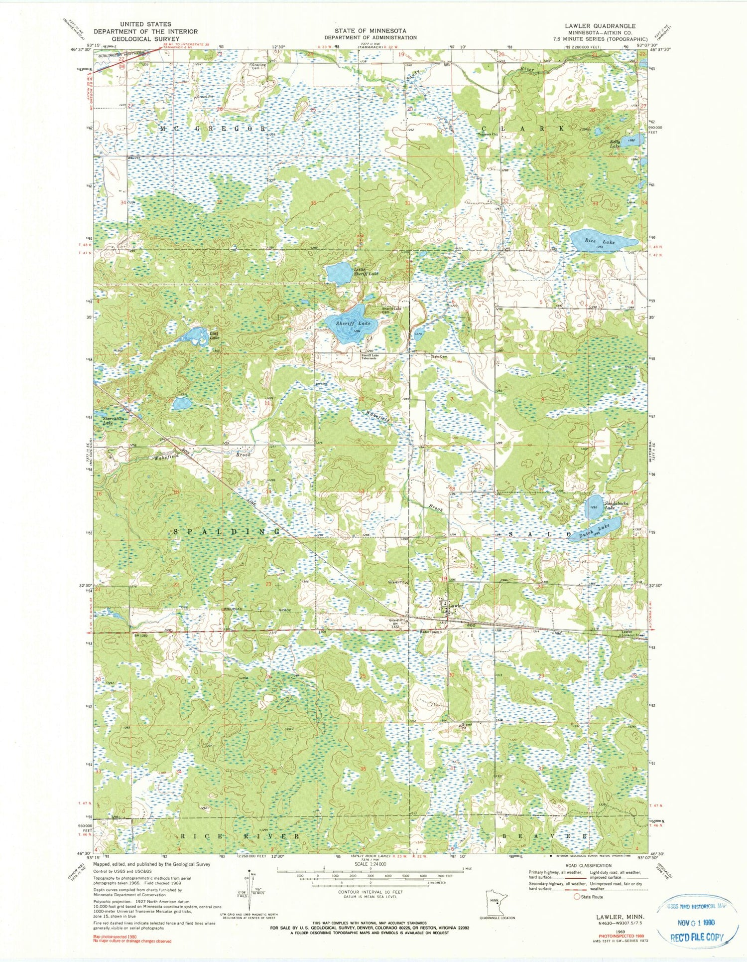 Classic USGS Lawler Minnesota 7.5'x7.5' Topo Map Image