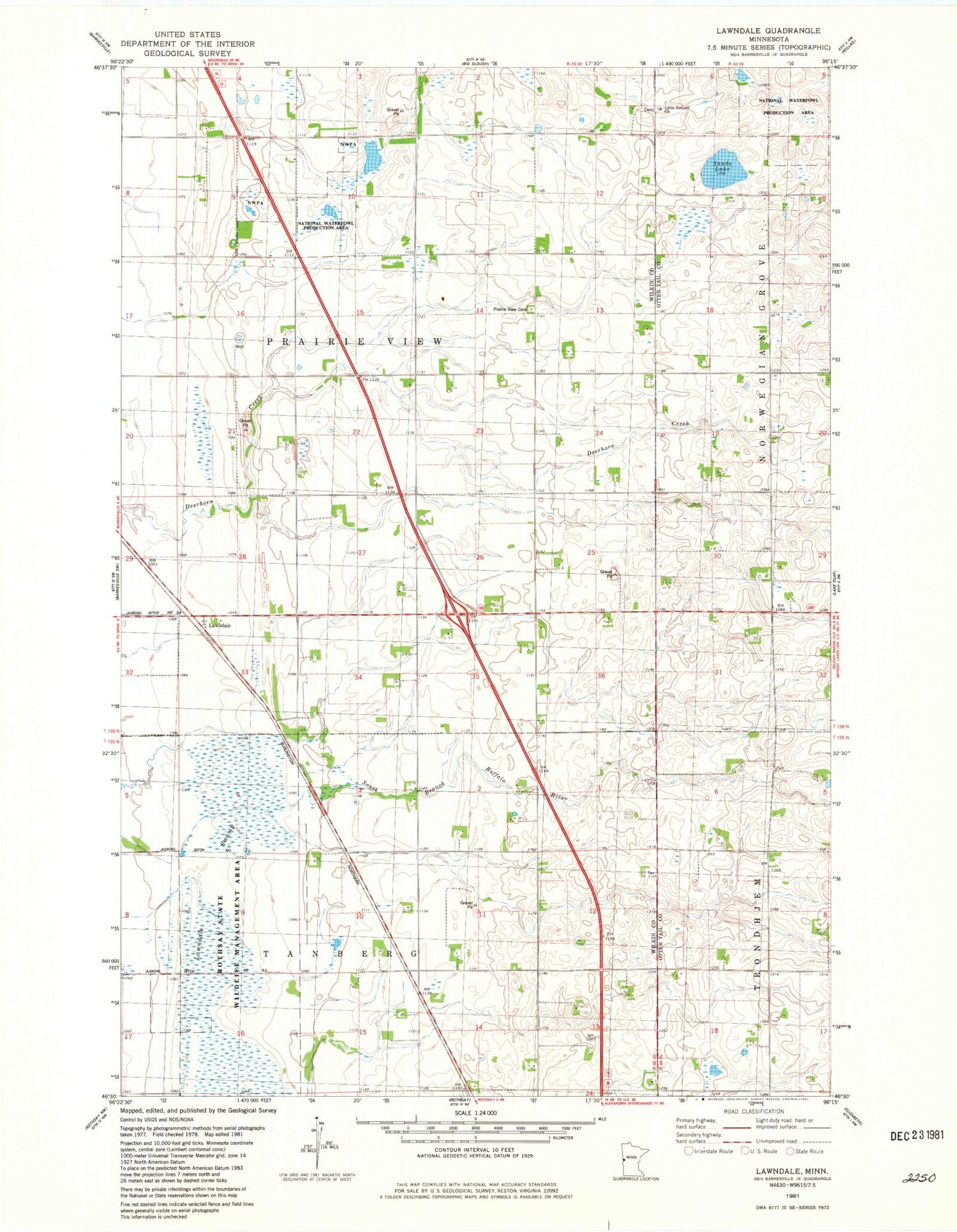 Classic USGS Lawndale Minnesota 7.5'x7.5' Topo Map Image