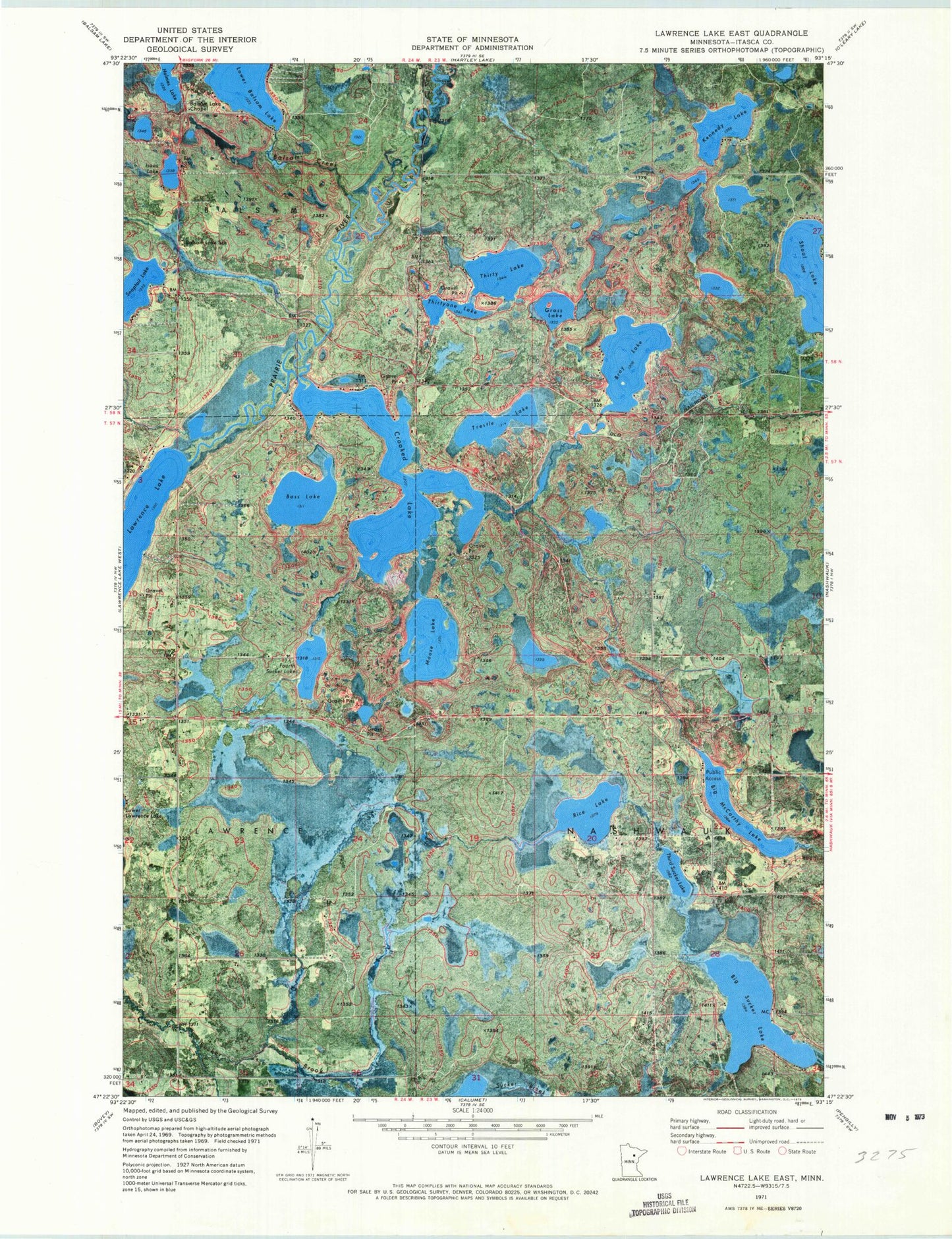 Classic USGS Lawrence Lake East Minnesota 7.5'x7.5' Topo Map Image