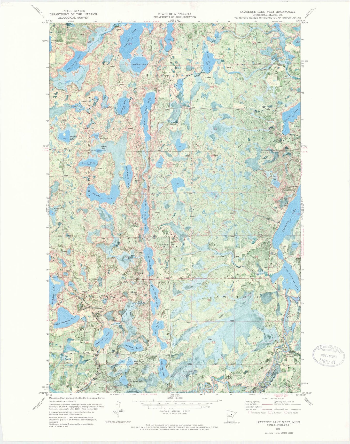 Classic USGS Lawrence Lake West Minnesota 7.5'x7.5' Topo Map Image