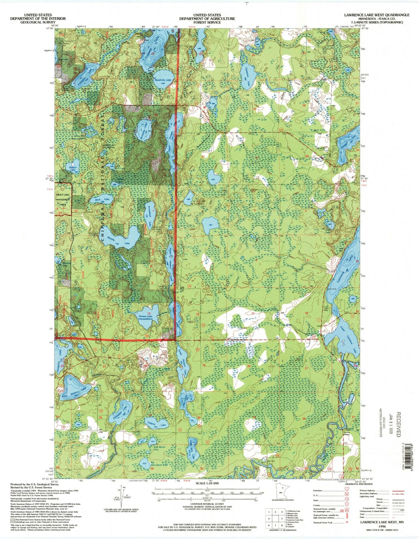 Classic USGS Lawrence Lake West Minnesota 7.5'x7.5' Topo Map Image