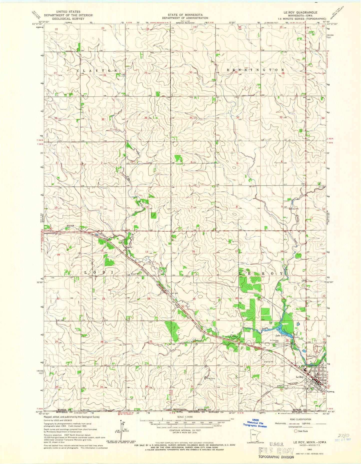Classic USGS Le Roy Minnesota 7.5'x7.5' Topo Map Image