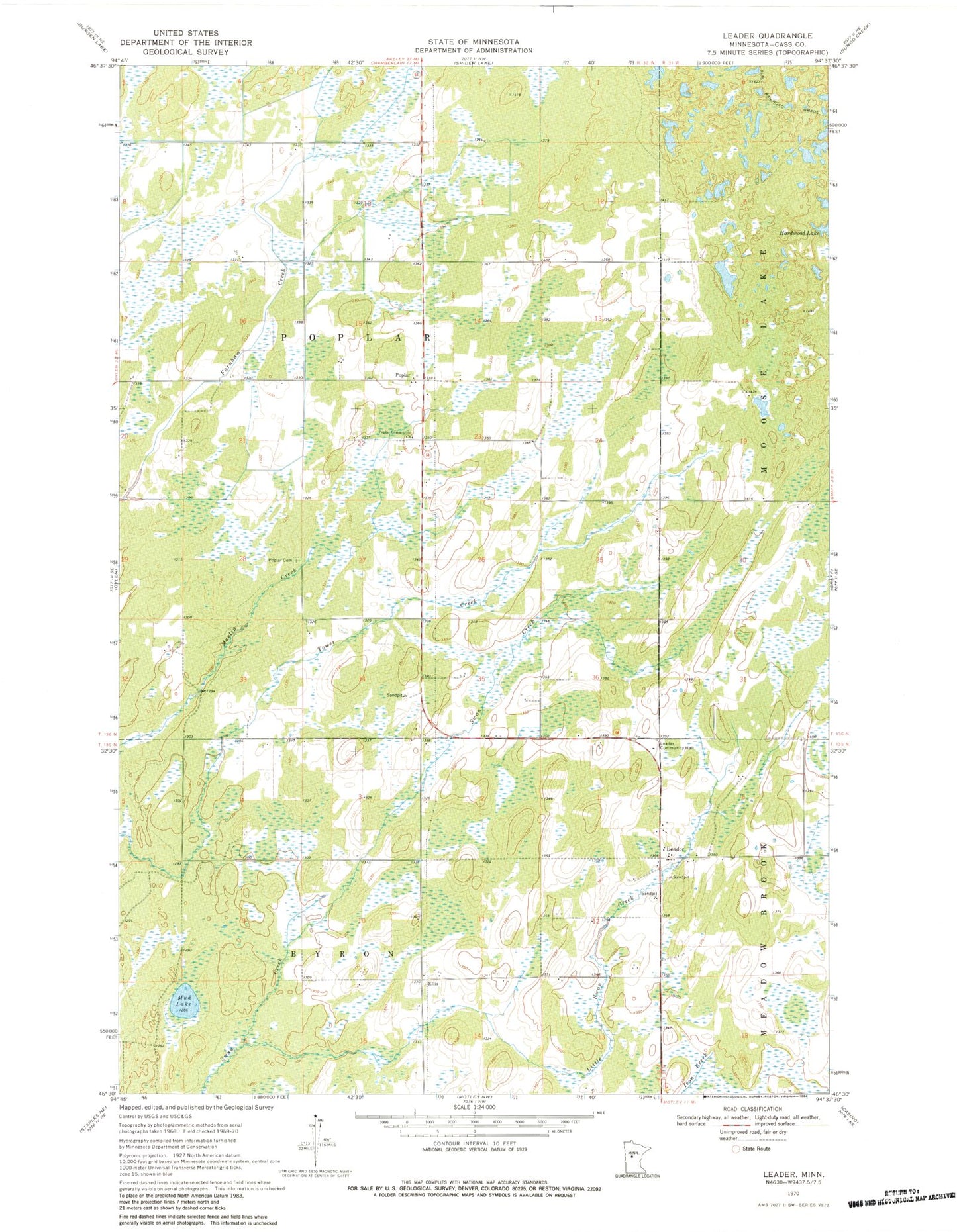 Classic USGS Leader Minnesota 7.5'x7.5' Topo Map Image