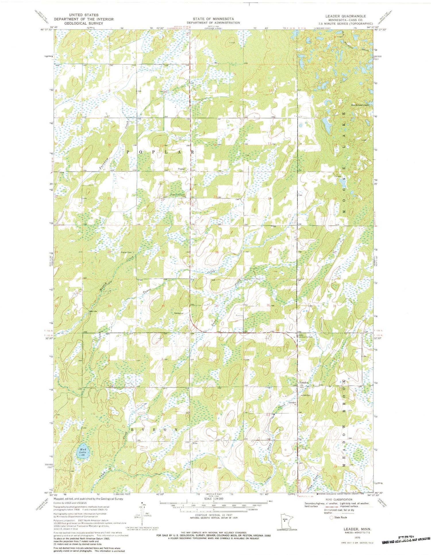 Classic USGS Leader Minnesota 7.5'x7.5' Topo Map Image