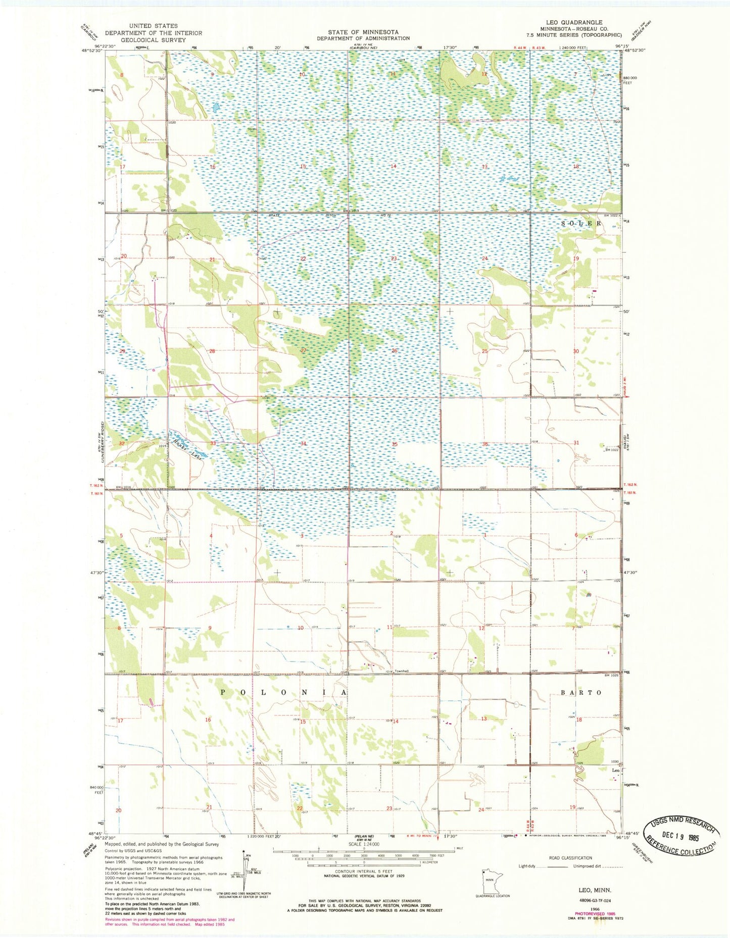 Classic USGS Leo Minnesota 7.5'x7.5' Topo Map Image
