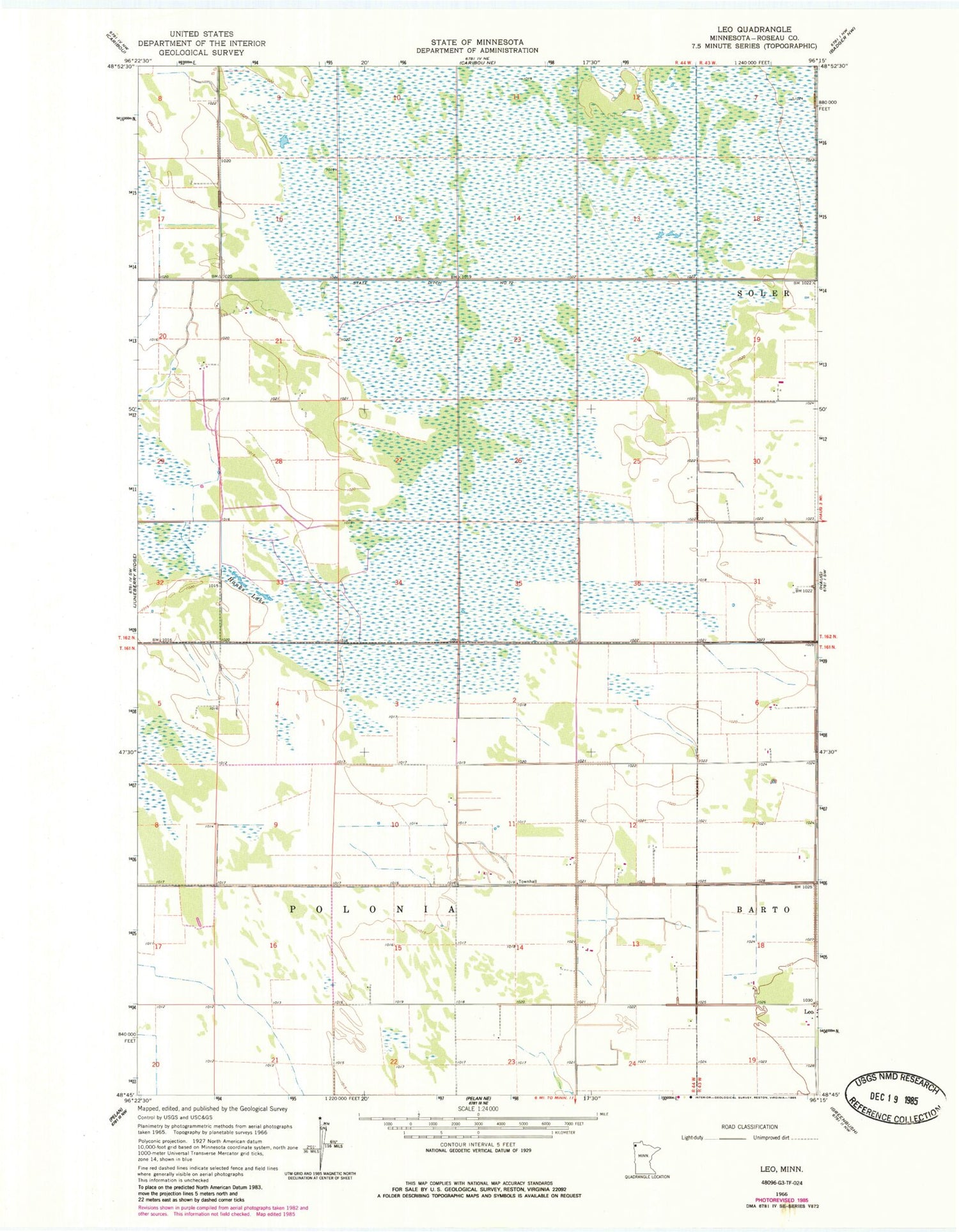 Classic USGS Leo Minnesota 7.5'x7.5' Topo Map Image