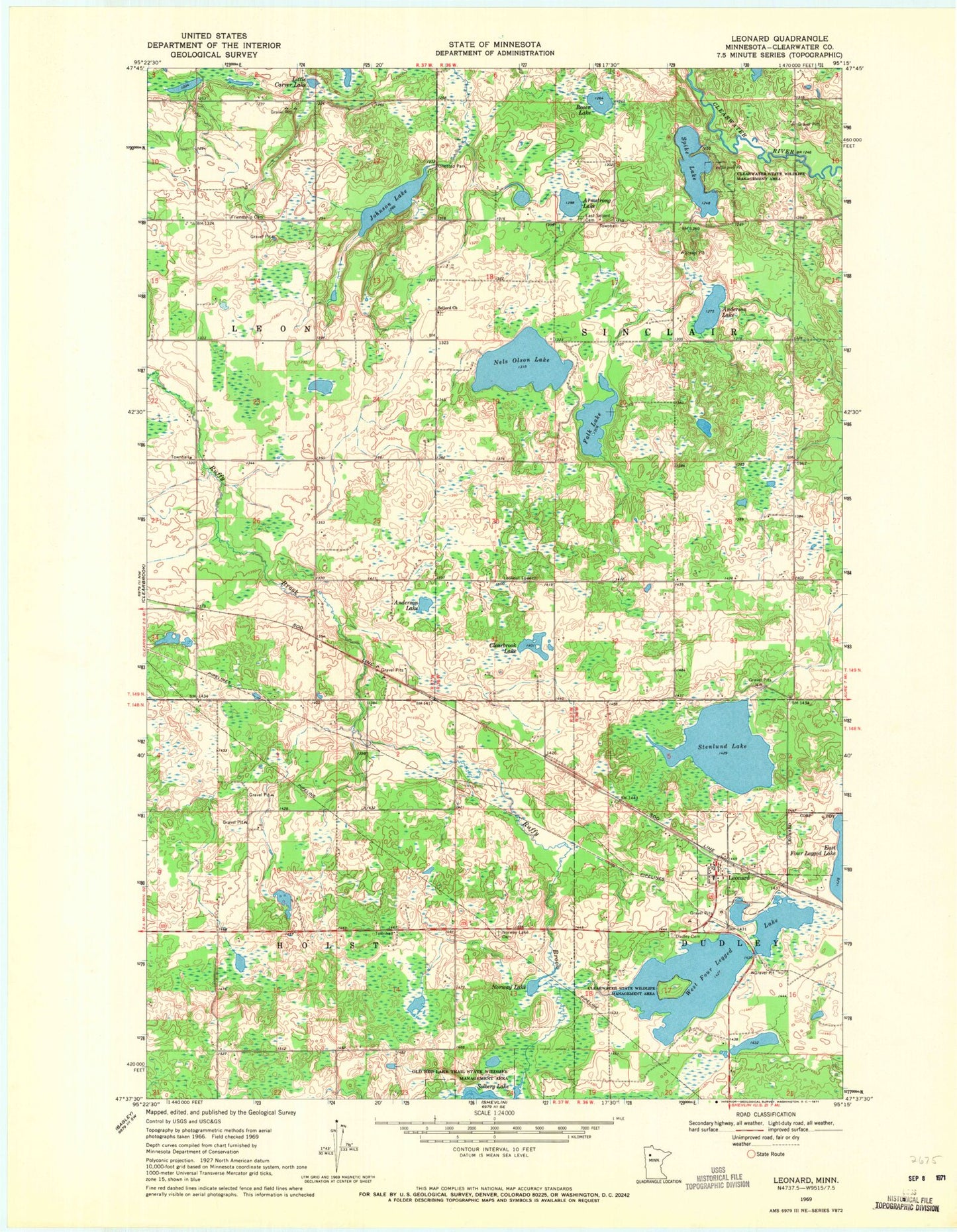 Classic USGS Leonard Minnesota 7.5'x7.5' Topo Map Image