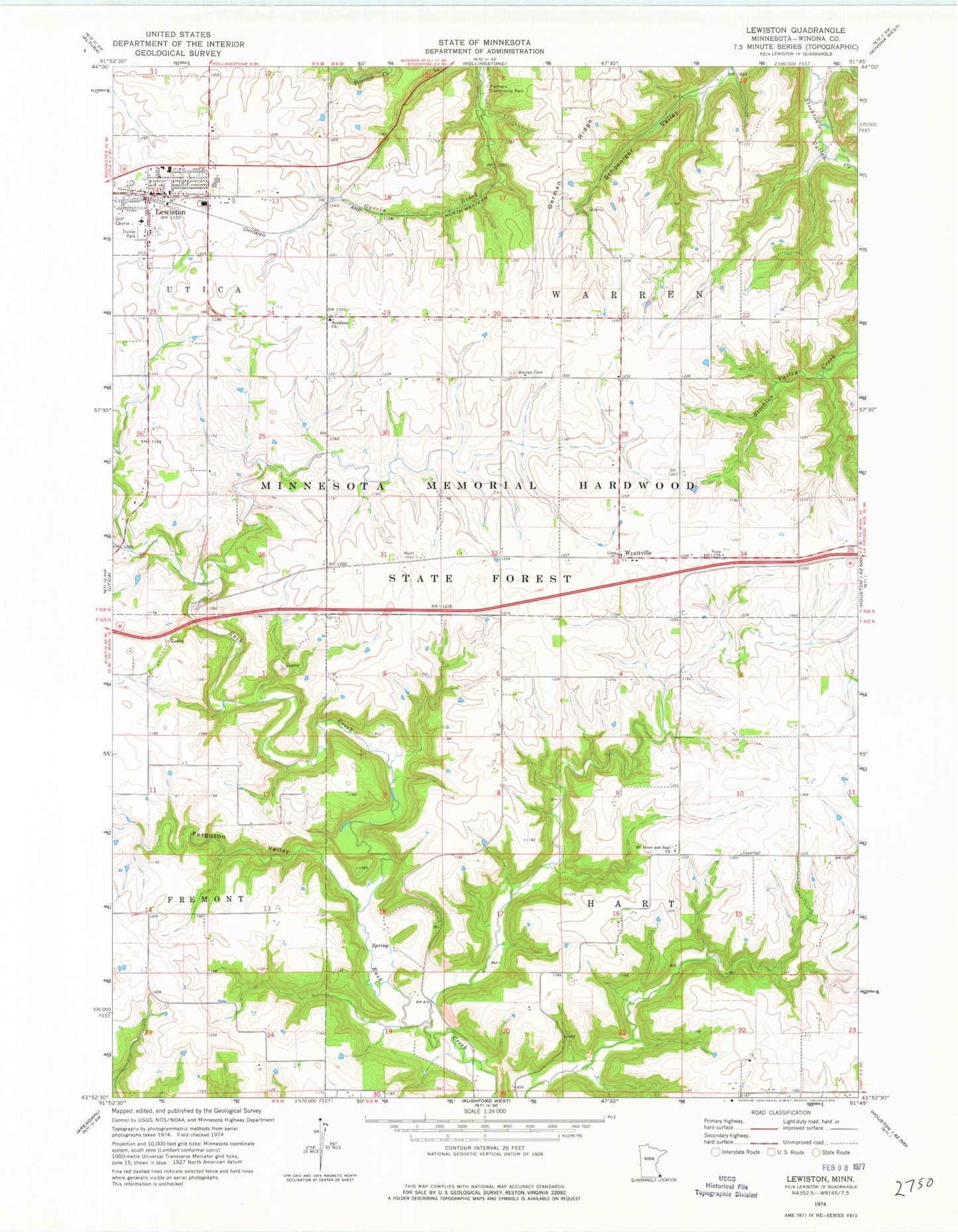 Classic USGS Lewiston Minnesota 7.5'x7.5' Topo Map Image