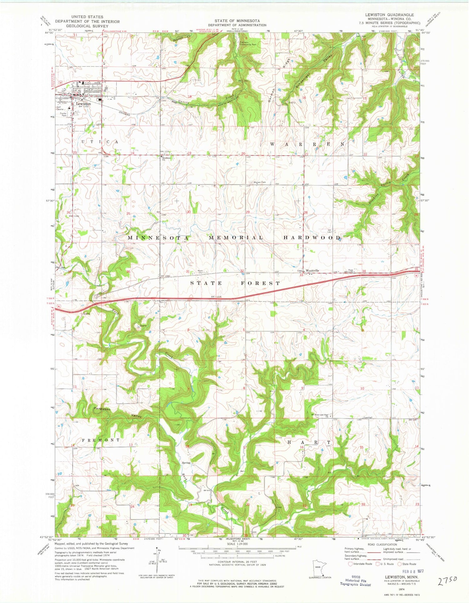 Classic USGS Lewiston Minnesota 7.5'x7.5' Topo Map Image