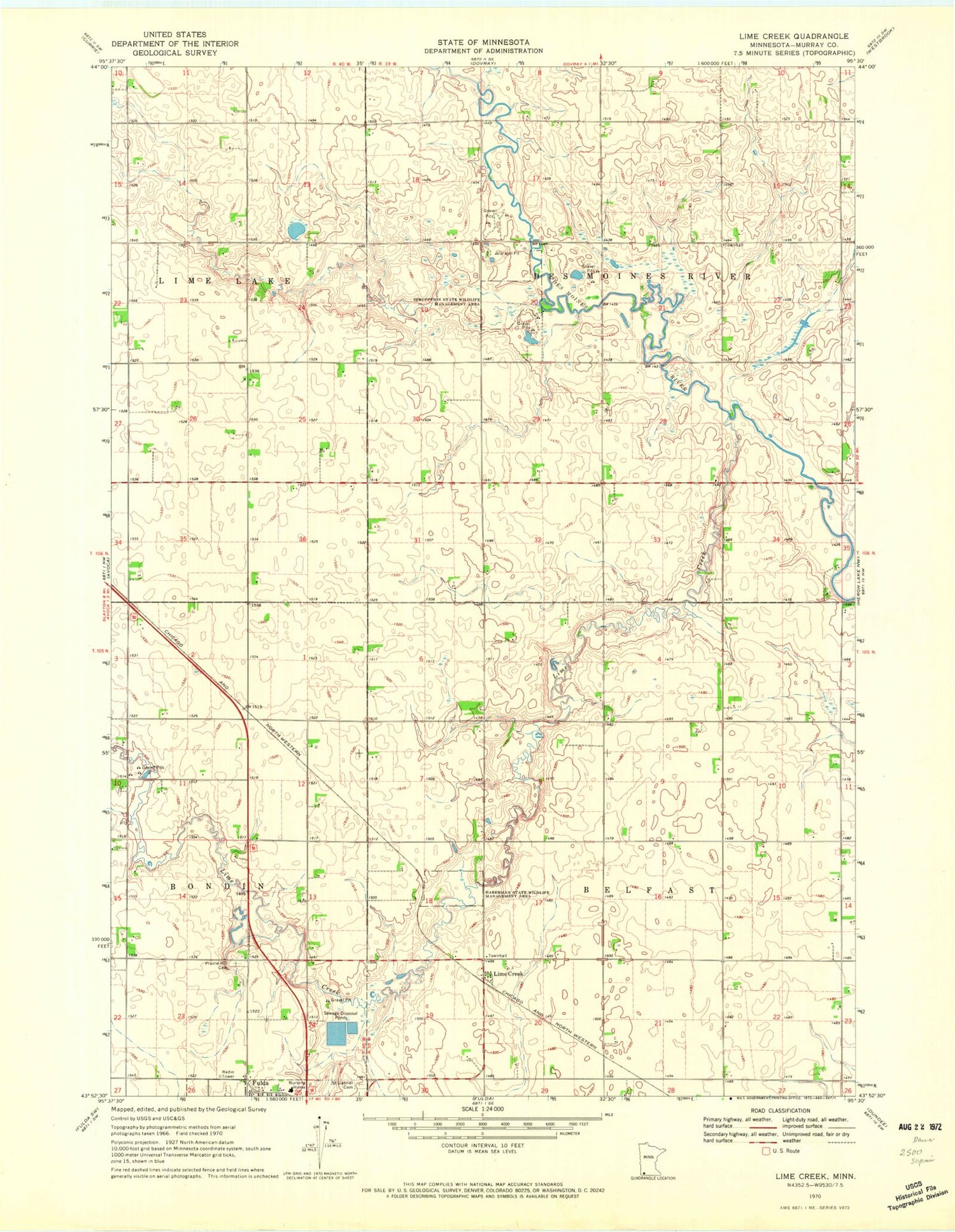 Classic USGS Lime Creek Minnesota 7.5'x7.5' Topo Map Image