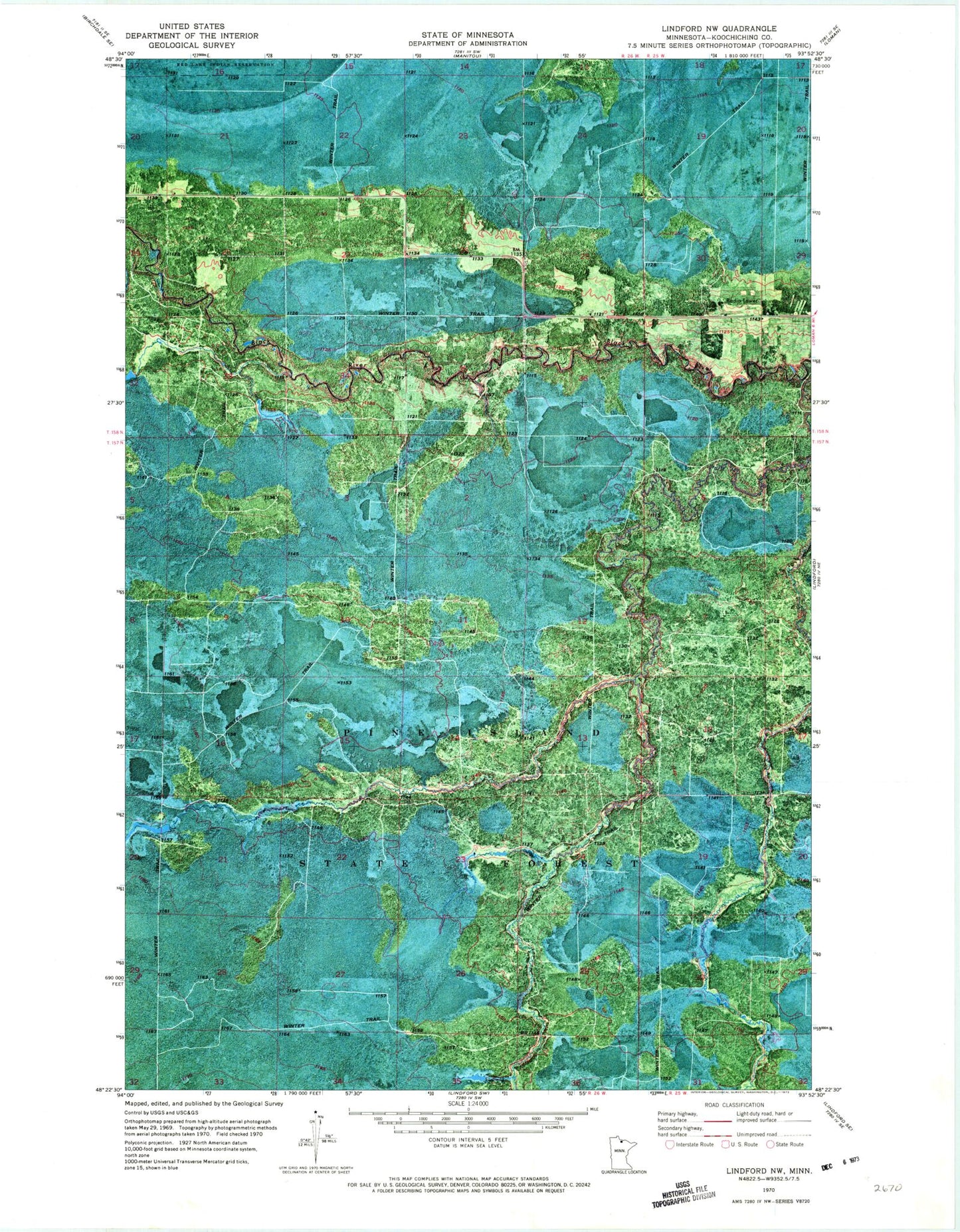 Classic USGS Lindford NW Minnesota 7.5'x7.5' Topo Map Image