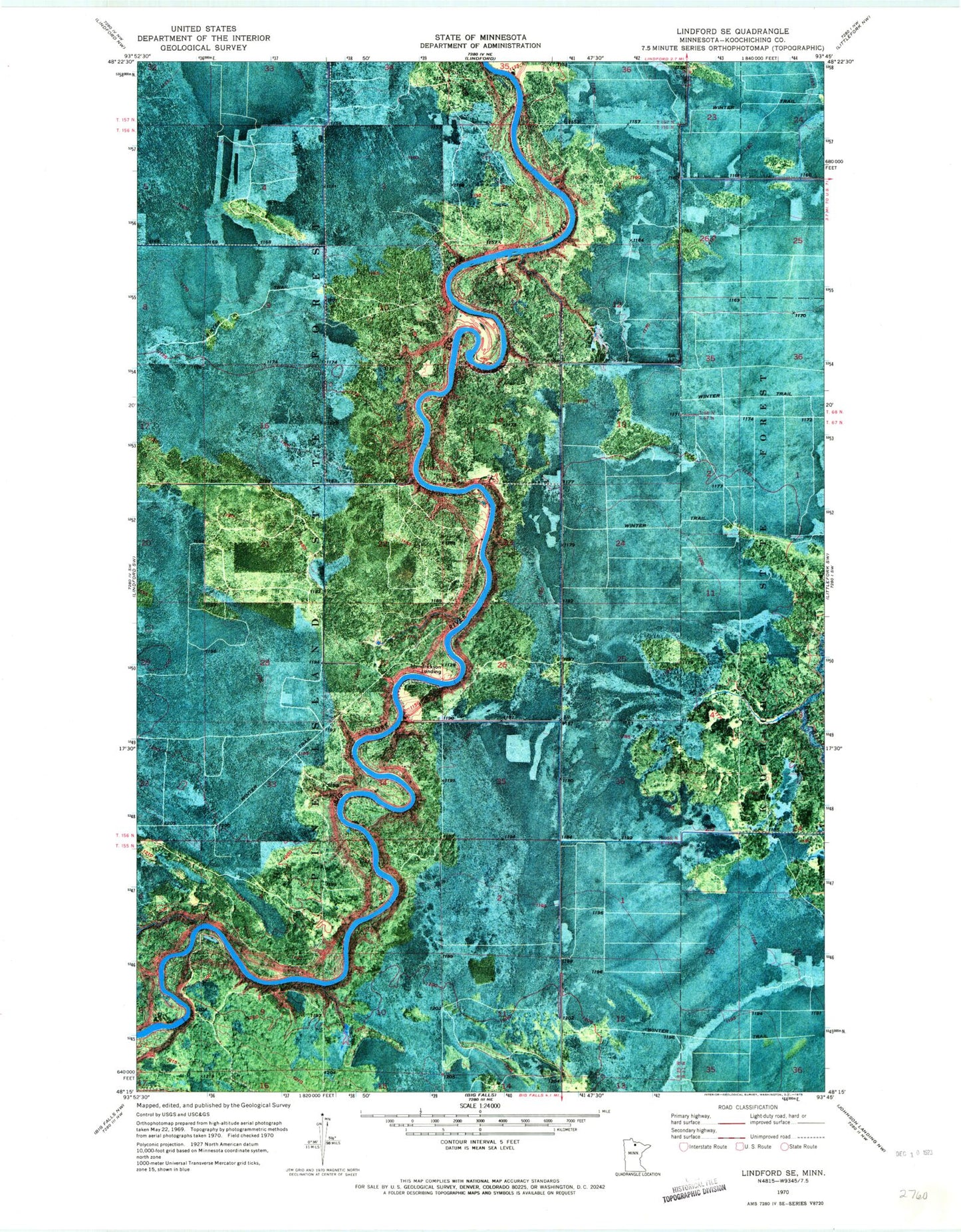 Classic USGS Lindford SE Minnesota 7.5'x7.5' Topo Map Image
