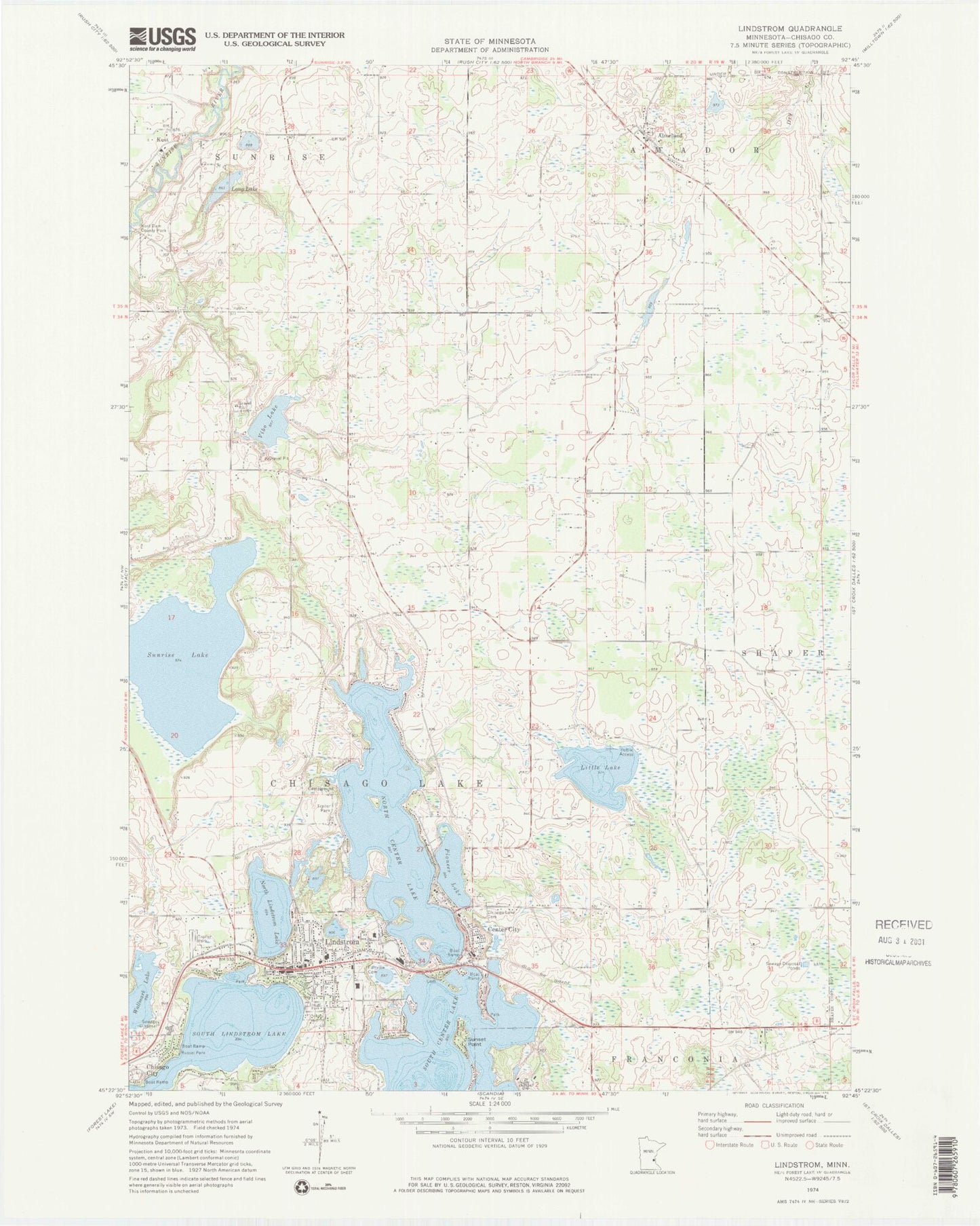 Classic USGS Lindstrom Minnesota 7.5'x7.5' Topo Map Image