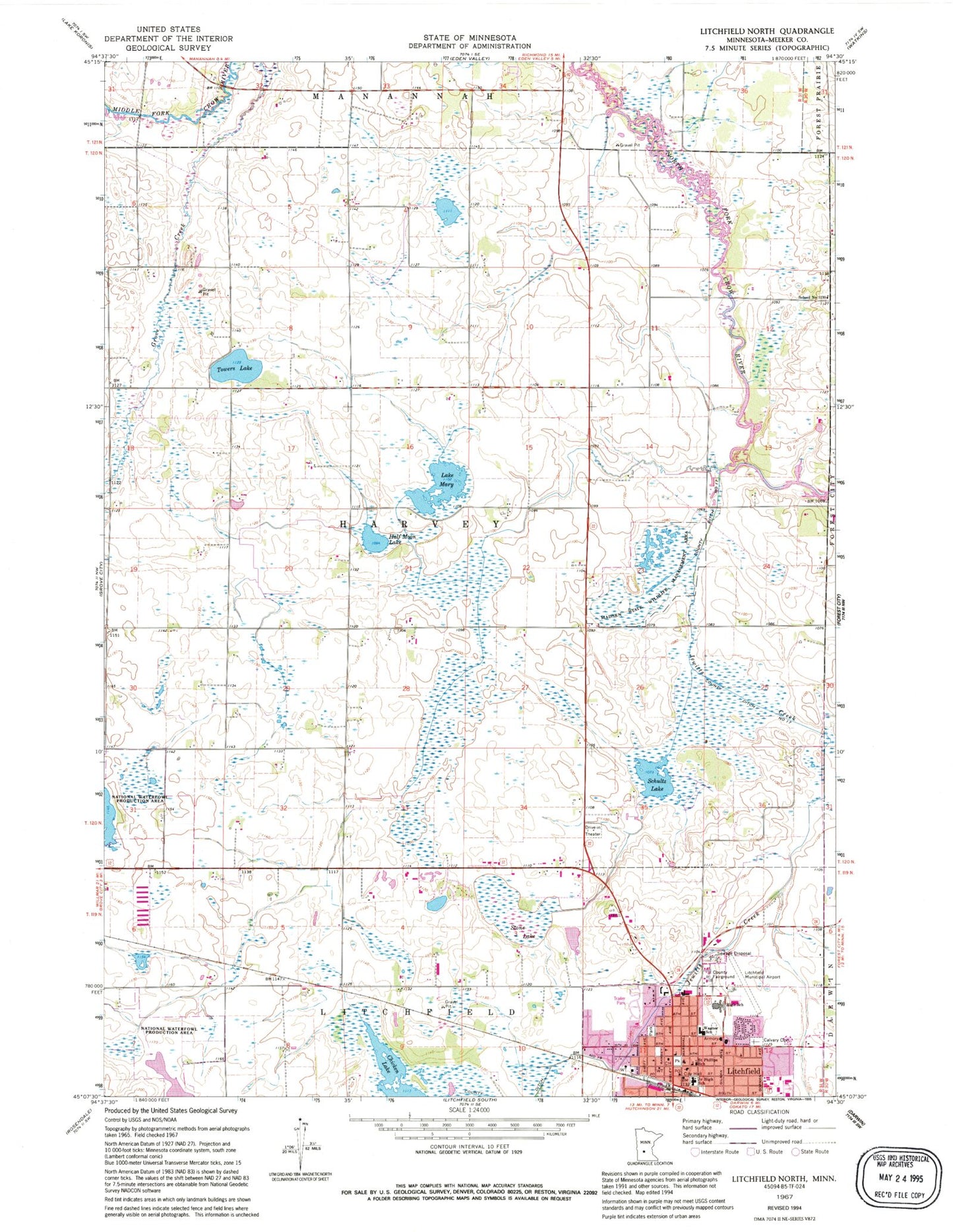 Classic USGS Litchfield North Minnesota 7.5'x7.5' Topo Map Image