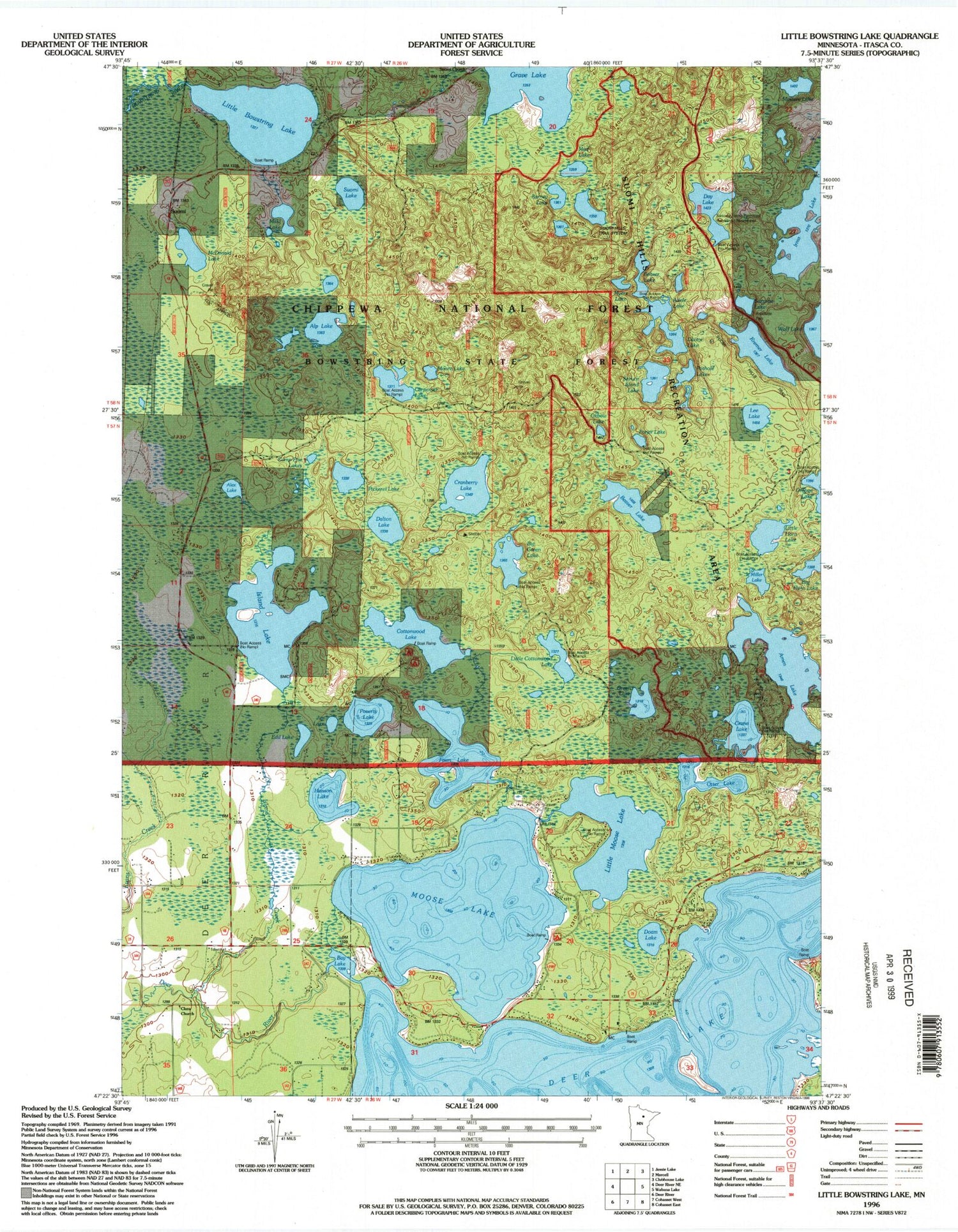 Classic USGS Little Bowstring Lake Minnesota 7.5'x7.5' Topo Map Image
