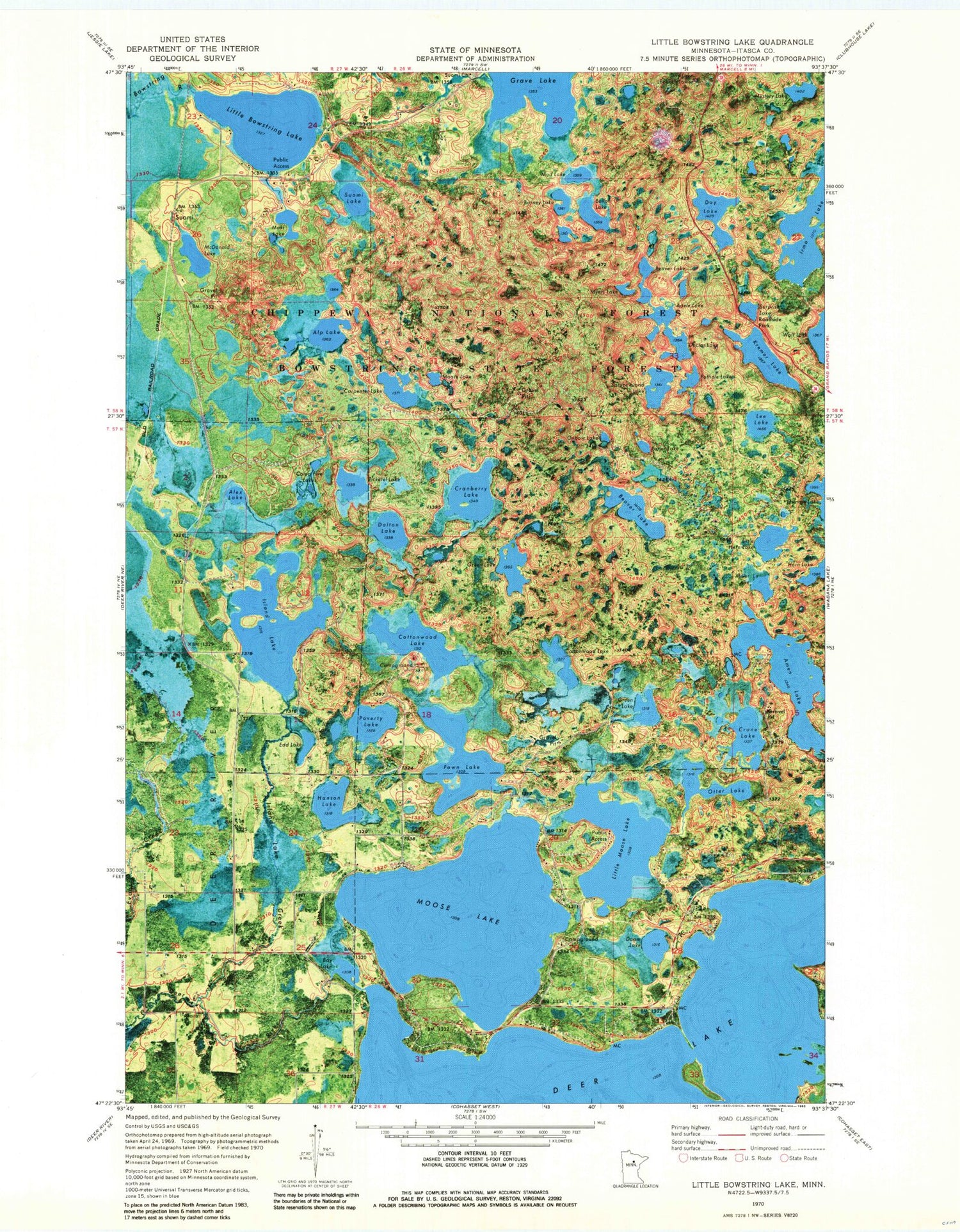 Classic USGS Little Bowstring Lake Minnesota 7.5'x7.5' Topo Map Image