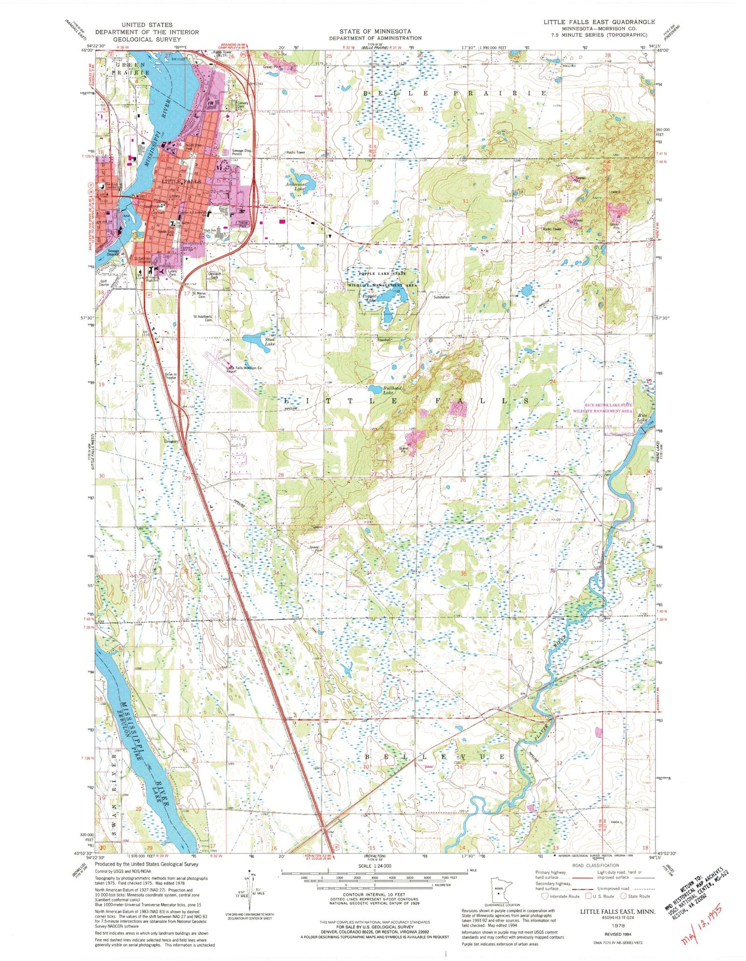 Classic USGS Little Falls East Minnesota 7.5'x7.5' Topo Map Image