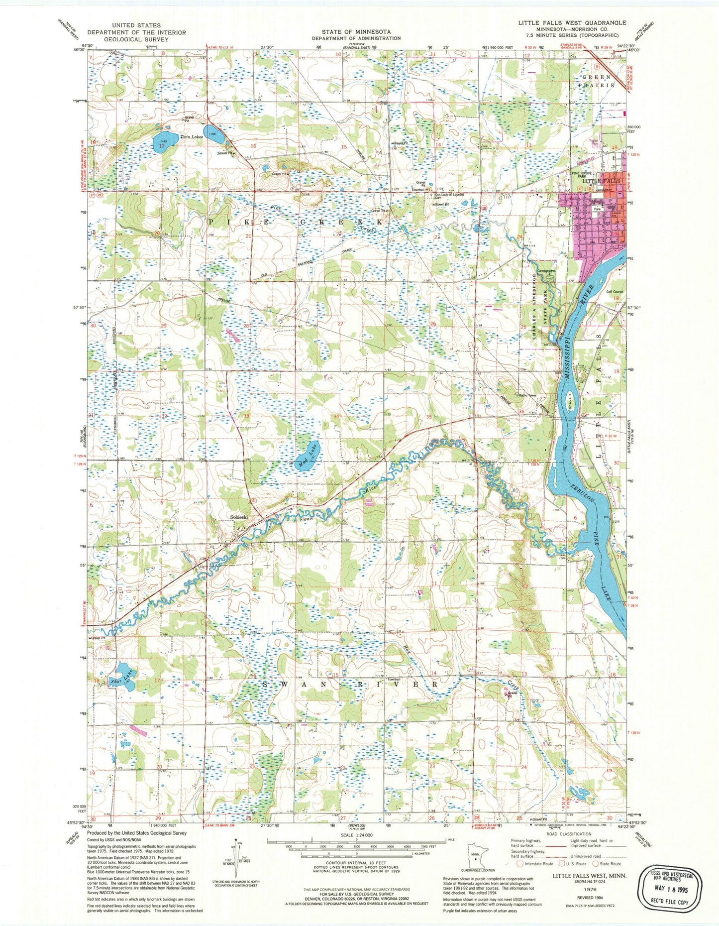Classic USGS Little Falls West Minnesota 7.5'x7.5' Topo Map Image