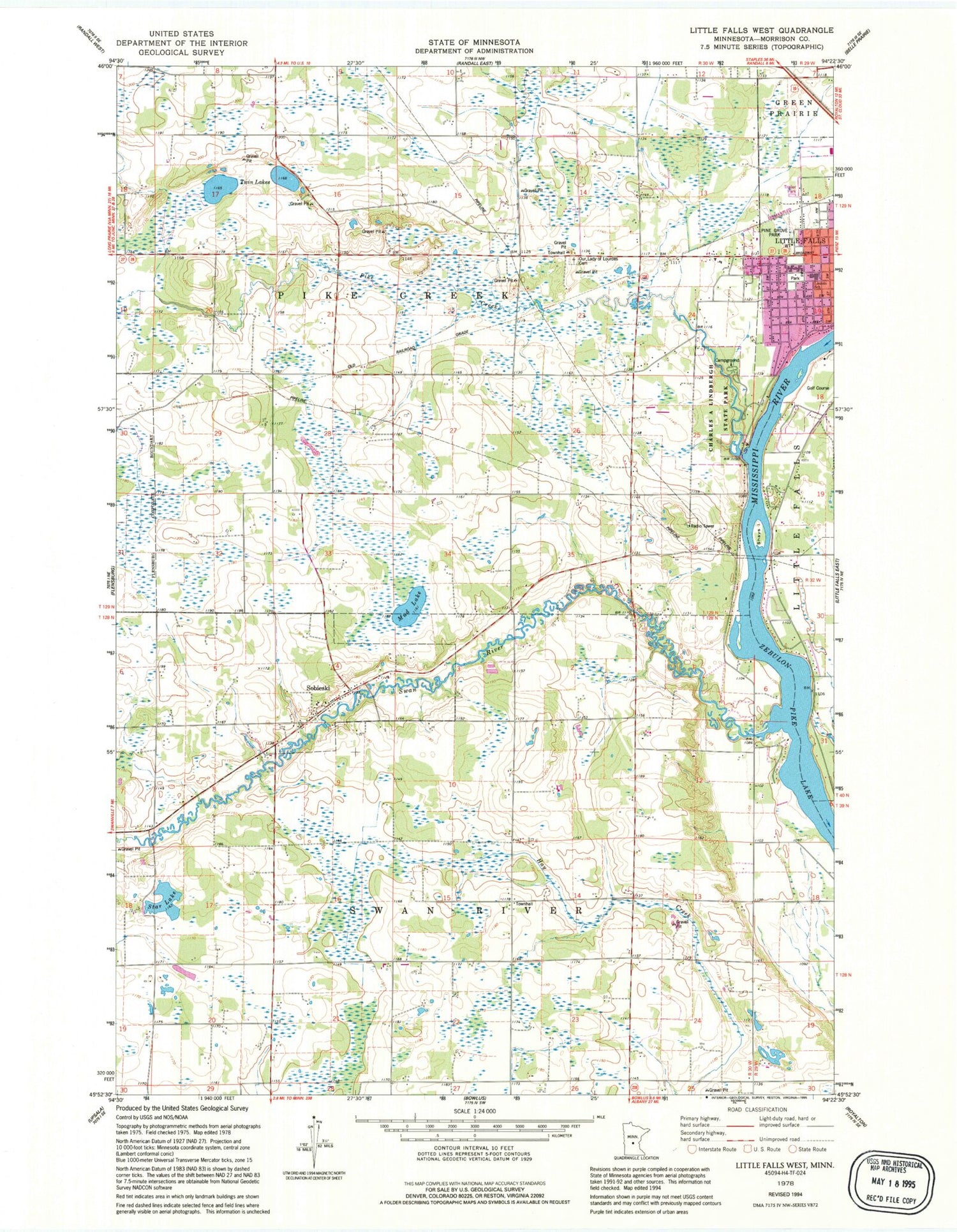 Classic USGS Little Falls West Minnesota 7.5'x7.5' Topo Map Image