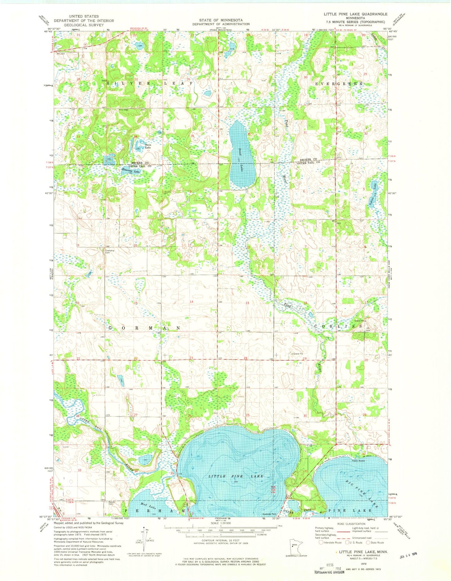 Classic USGS Little Pine Lake Minnesota 7.5'x7.5' Topo Map Image