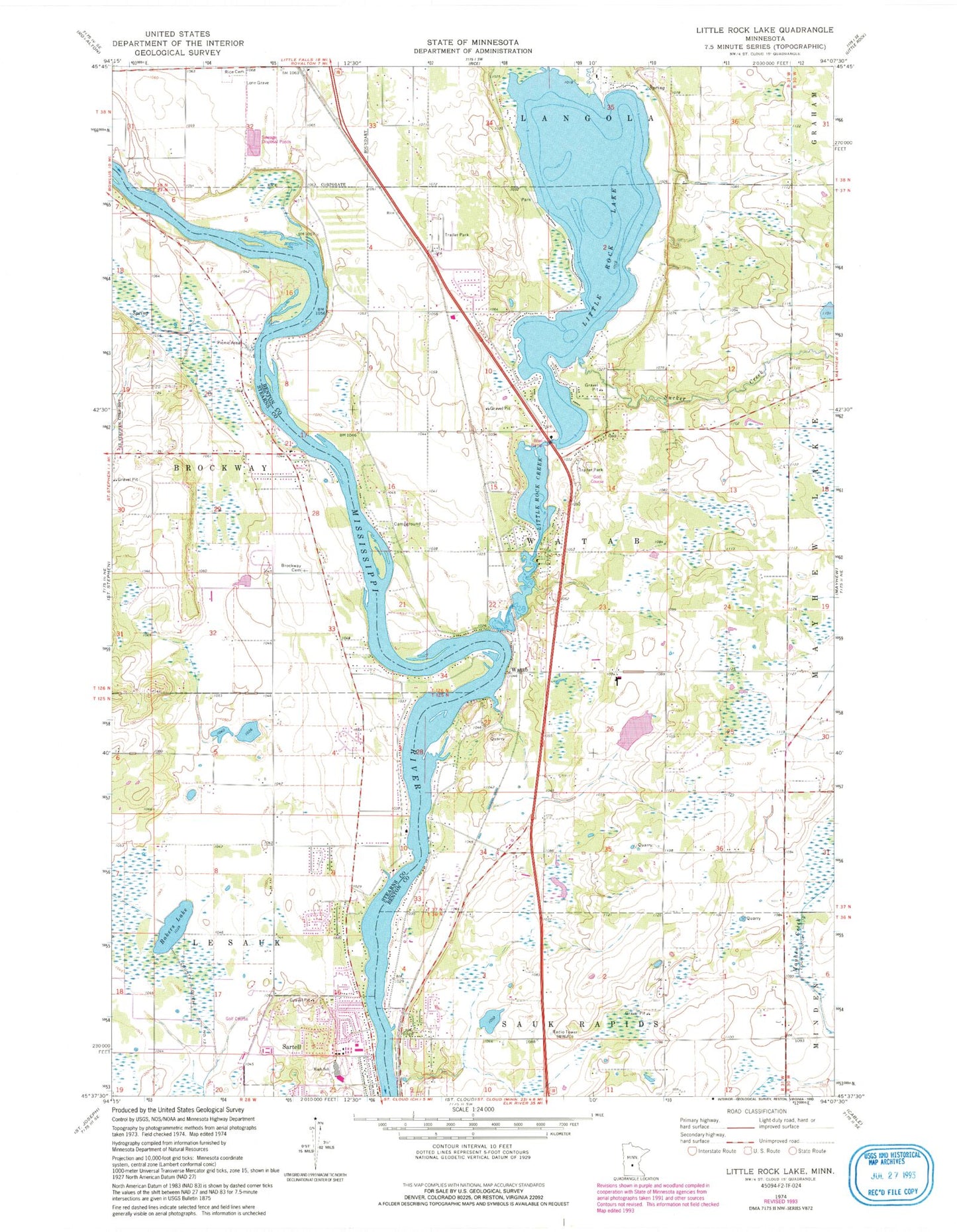 Classic USGS Little Rock Lake Minnesota 7.5'x7.5' Topo Map Image