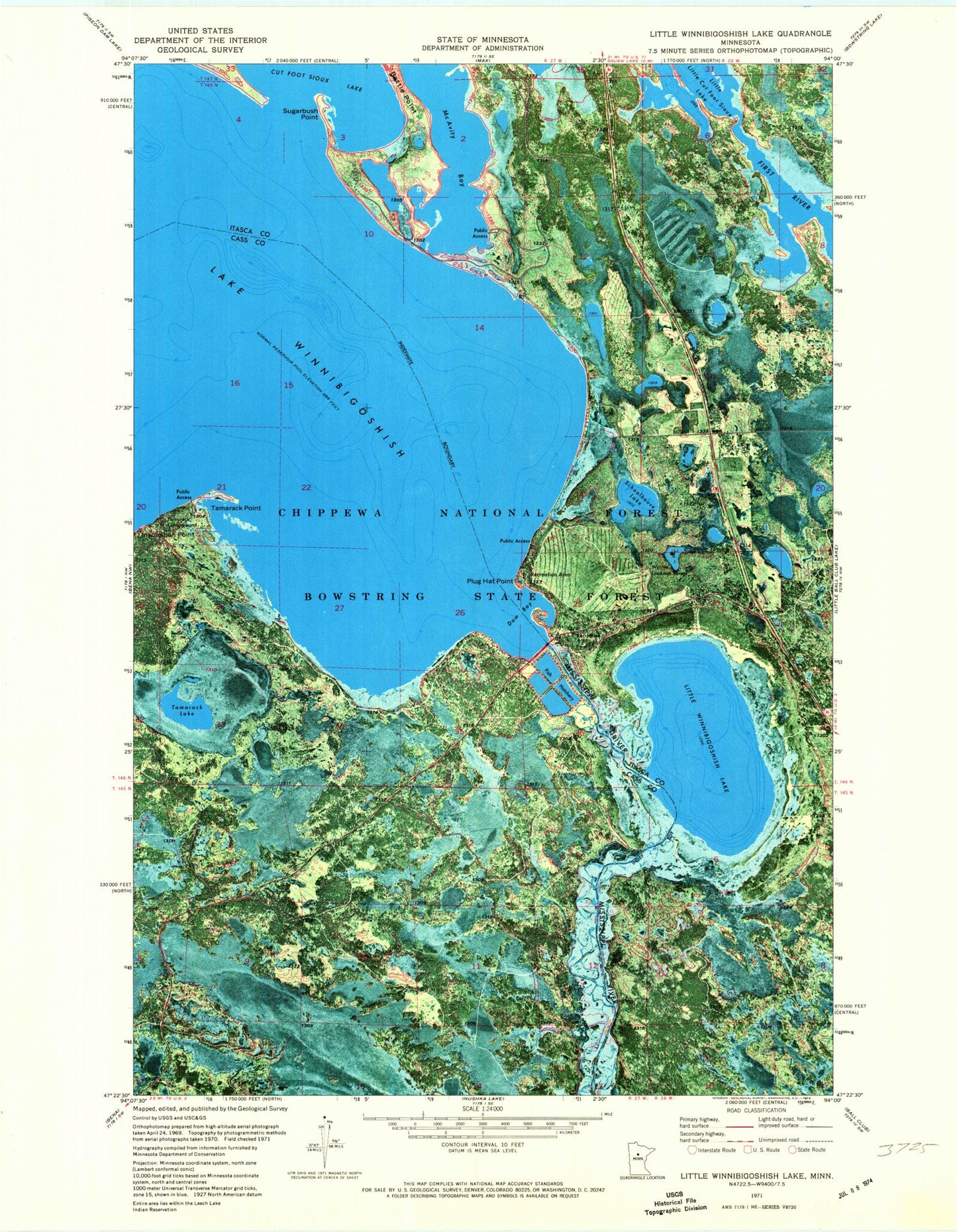 Classic USGS Little Winnibigoshish Lake Minnesota 7.5'x7.5' Topo Map Image