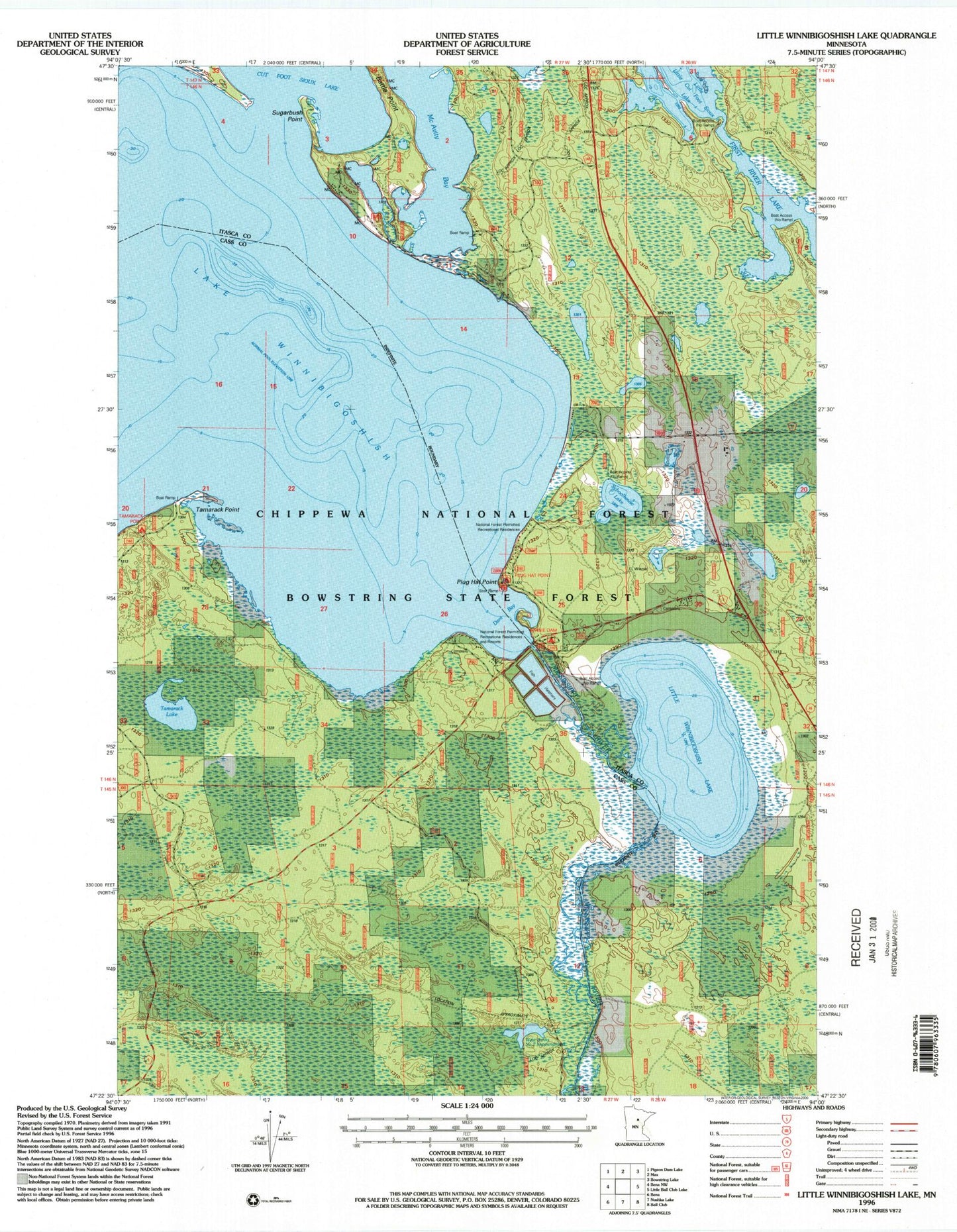 Classic USGS Little Winnibigoshish Lake Minnesota 7.5'x7.5' Topo Map Image
