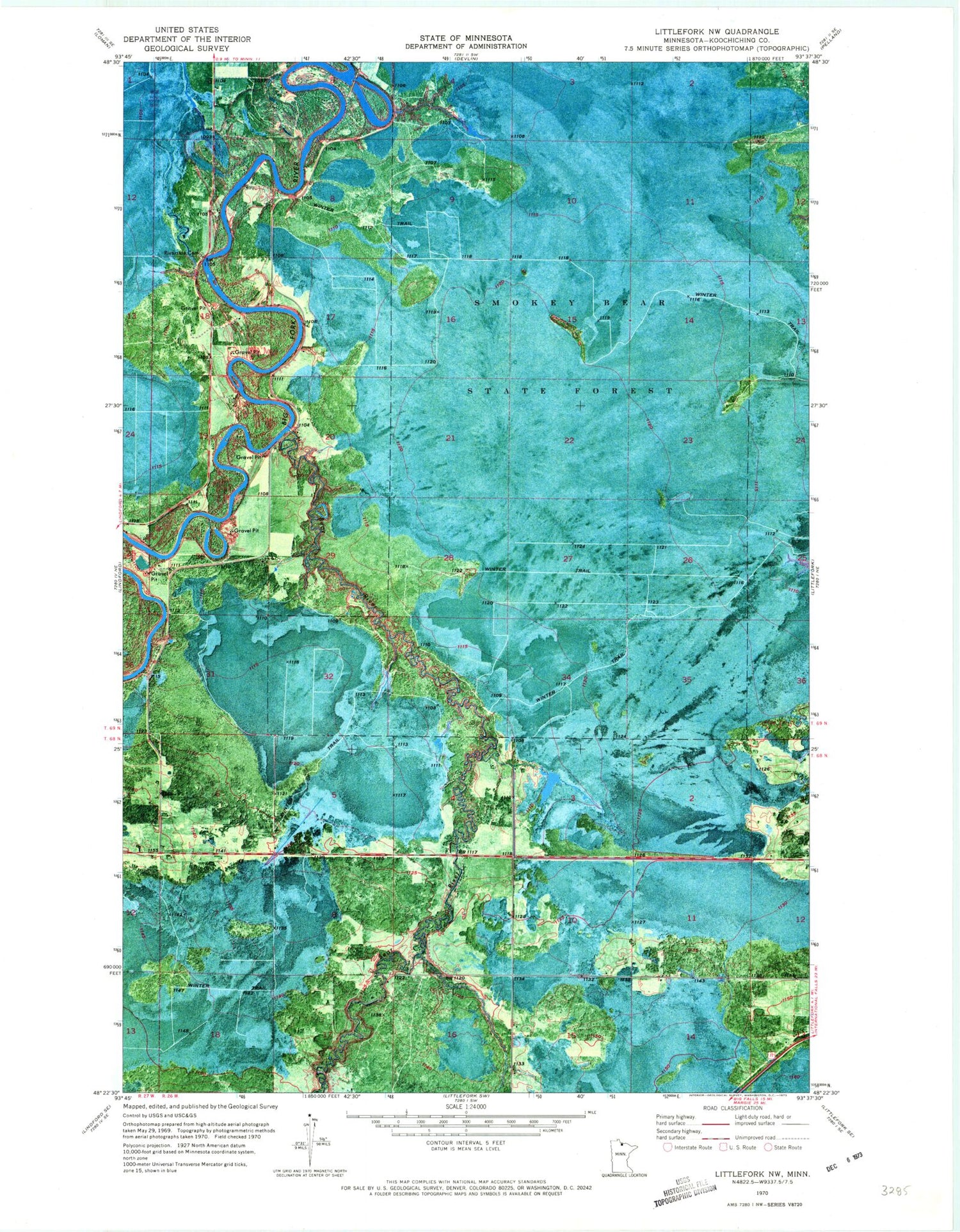 Classic USGS Littlefork NW Minnesota 7.5'x7.5' Topo Map Image