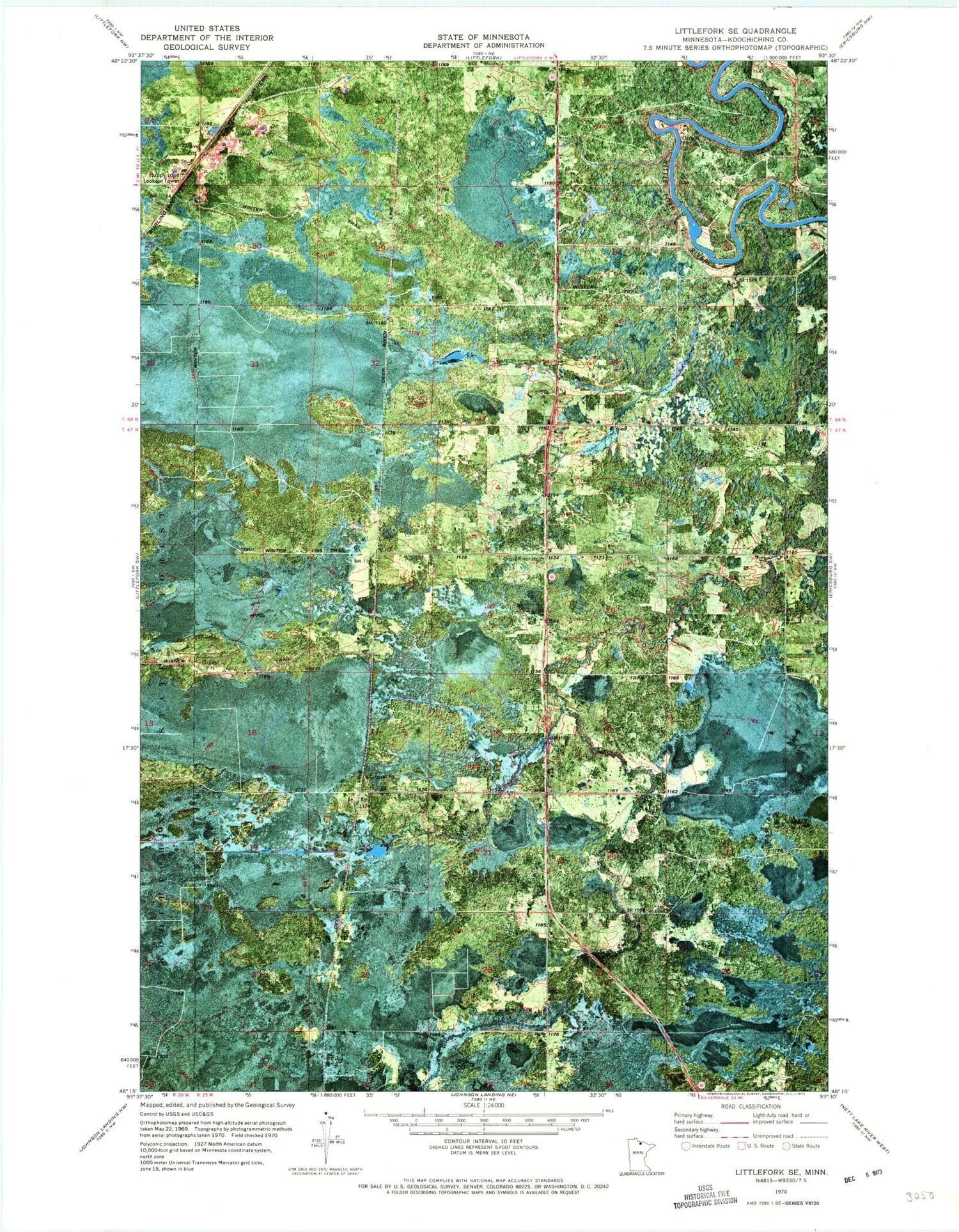 Classic USGS Littlefork SE Minnesota 7.5'x7.5' Topo Map Image