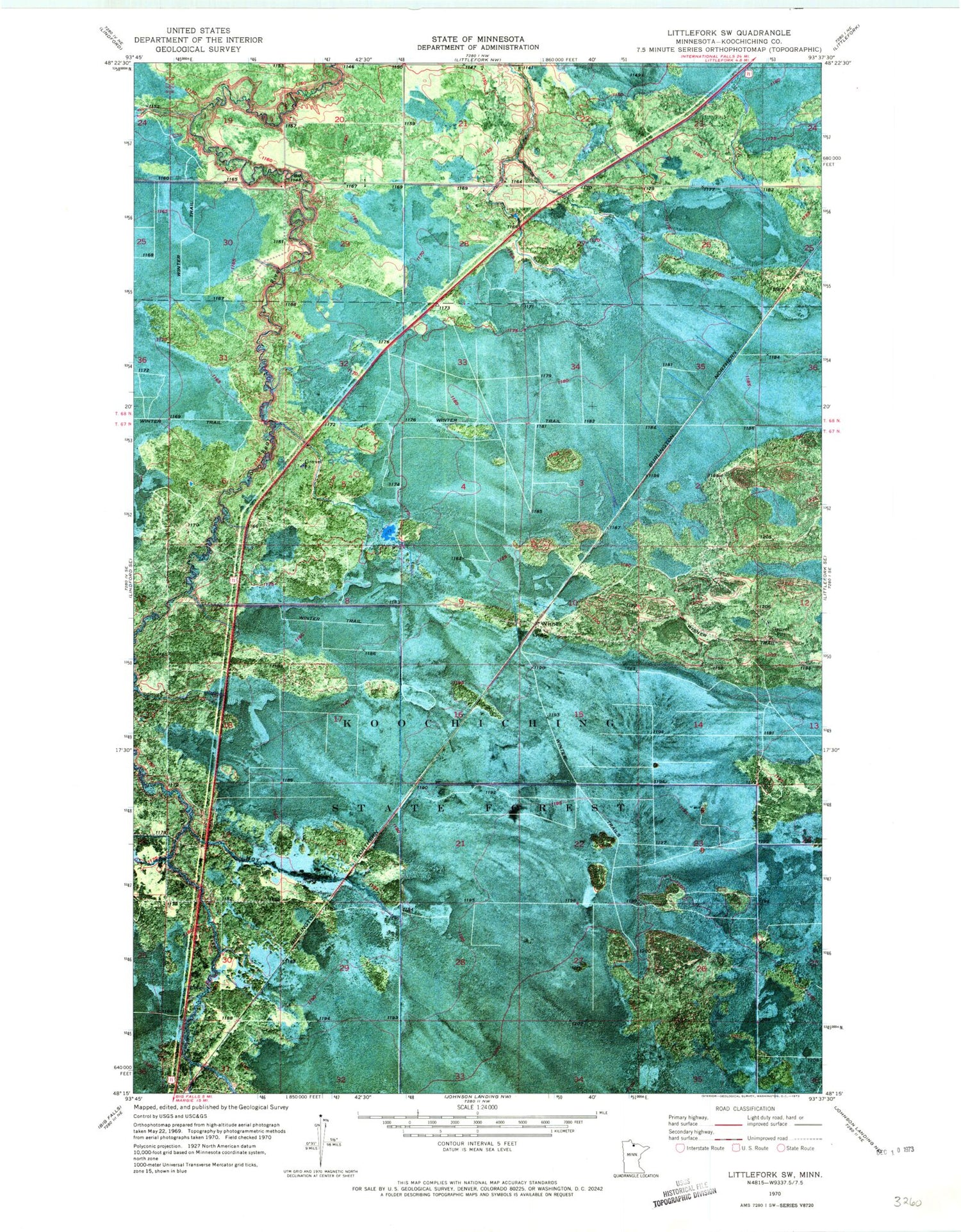 Classic USGS Littlefork SW Minnesota 7.5'x7.5' Topo Map Image