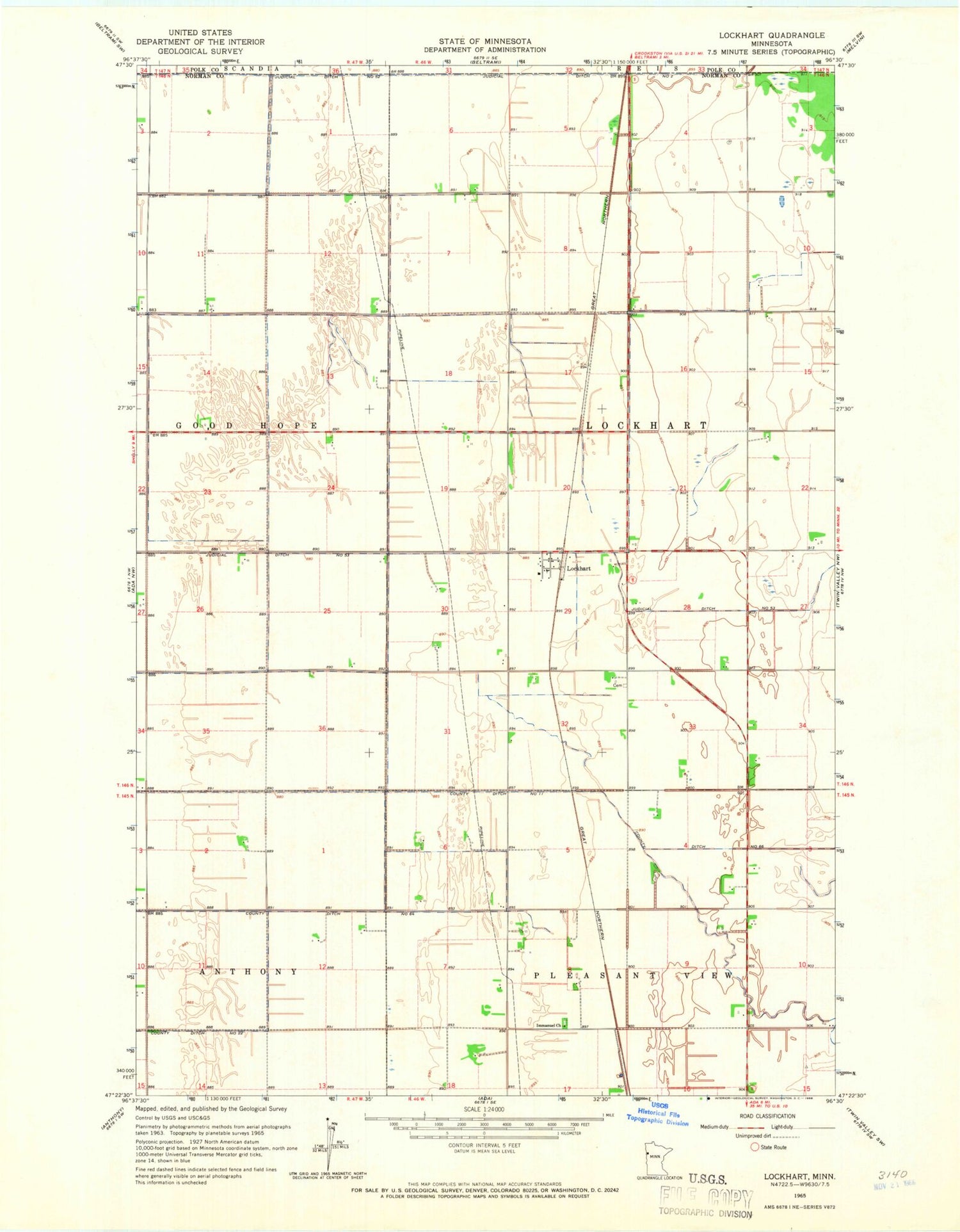Classic USGS Lockhart Minnesota 7.5'x7.5' Topo Map Image