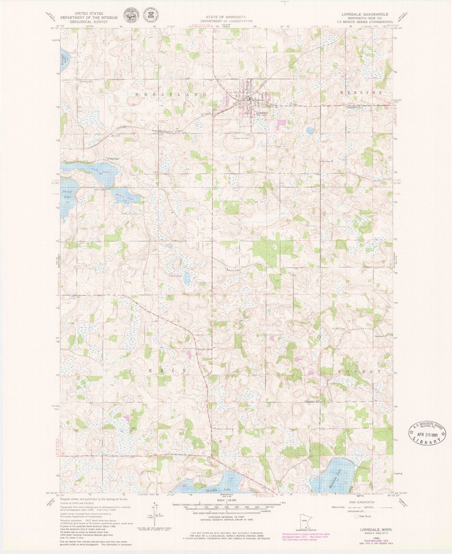 Classic USGS Lonsdale Minnesota 7.5'x7.5' Topo Map Image