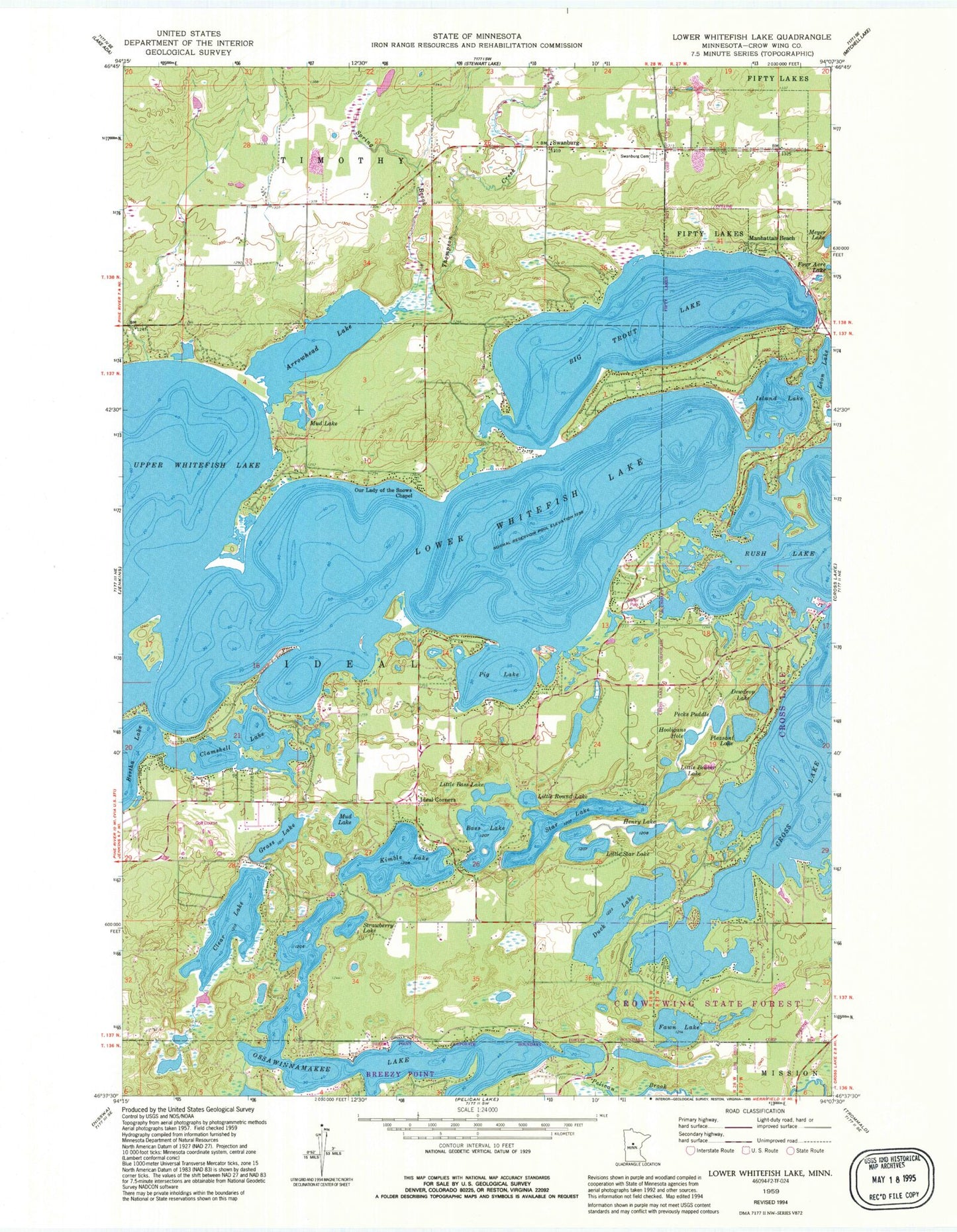 Classic USGS Lower Whitefish Lake Minnesota 7.5'x7.5' Topo Map Image