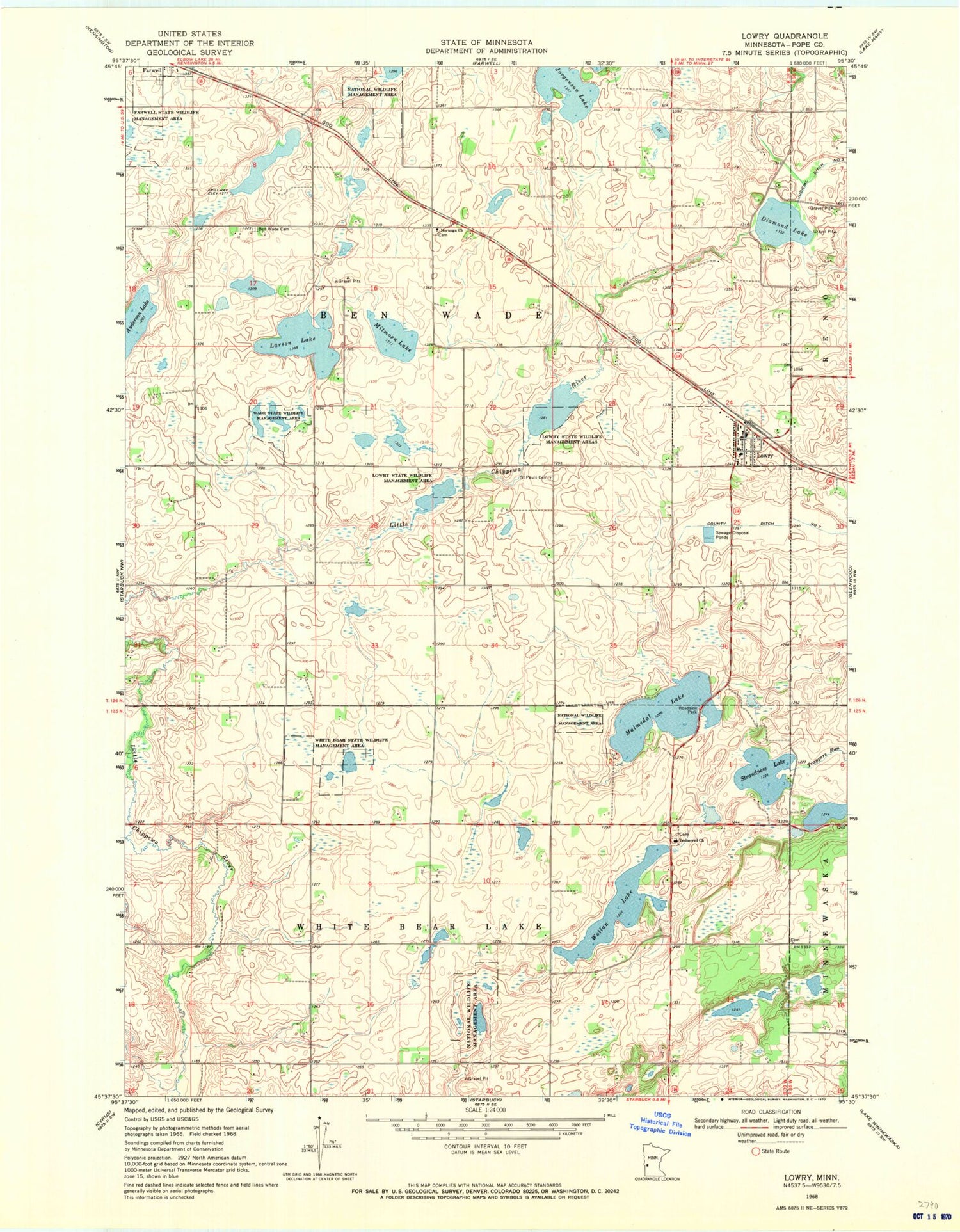 Classic USGS Lowry Minnesota 7.5'x7.5' Topo Map Image