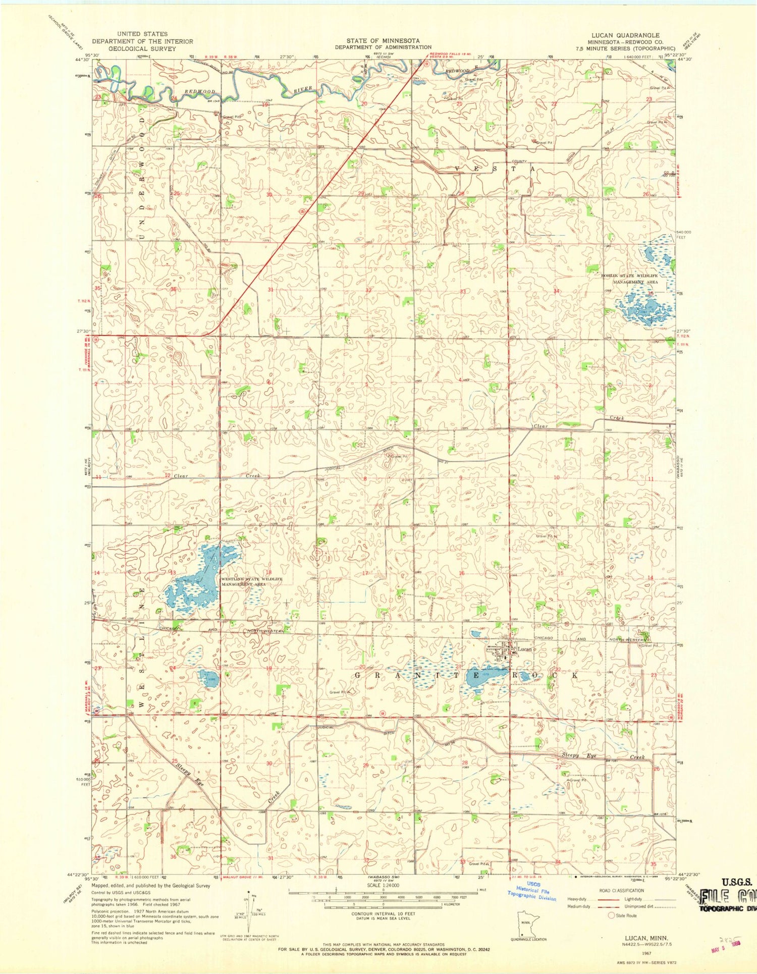 Classic USGS Lucan Minnesota 7.5'x7.5' Topo Map Image