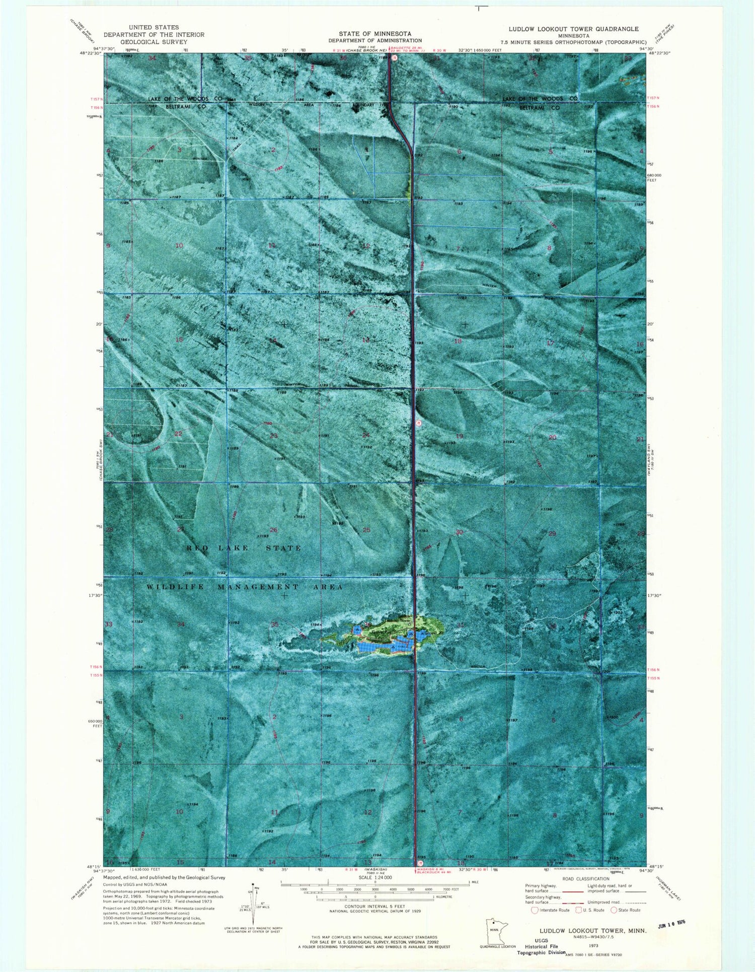 Classic USGS Ludlow Lookout Tower Minnesota 7.5'x7.5' Topo Map Image