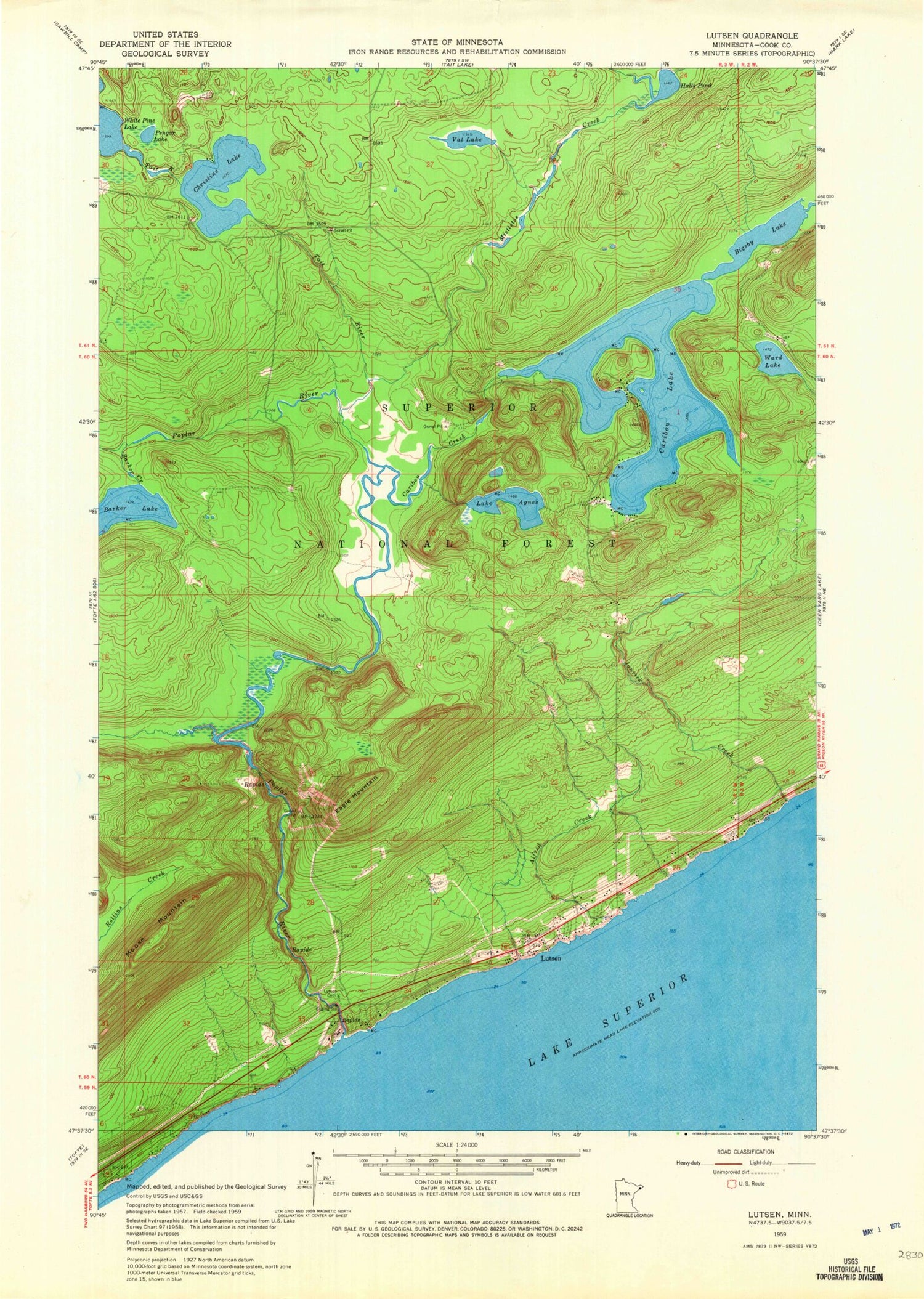 Classic USGS Lutsen Minnesota 7.5'x7.5' Topo Map Image