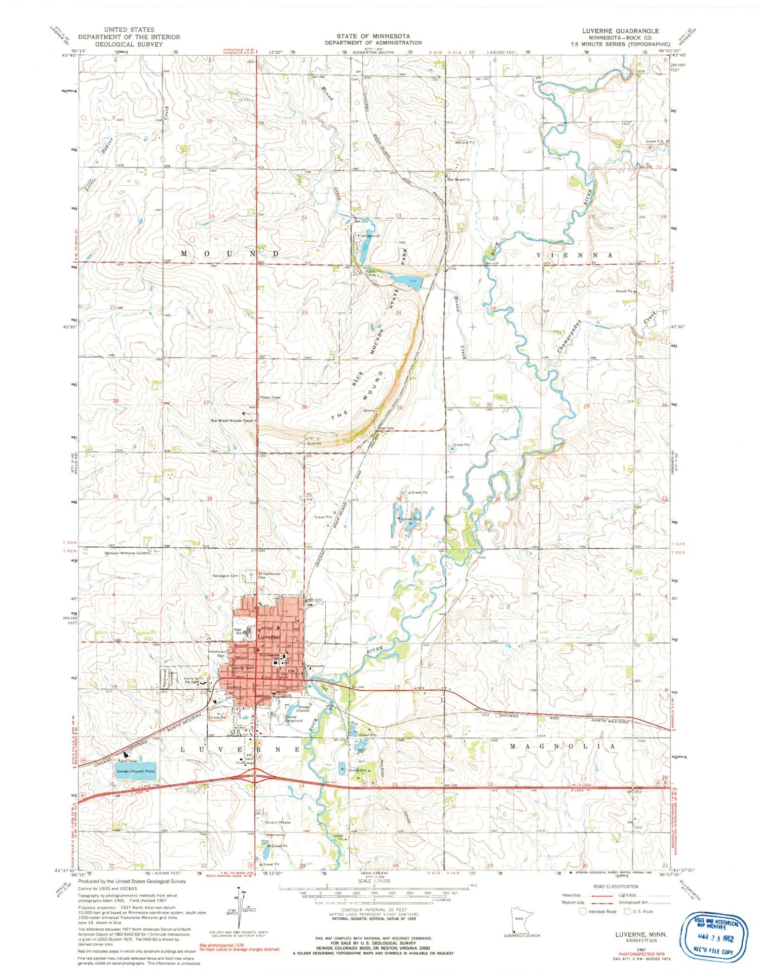 Classic USGS Luverne Minnesota 7.5'x7.5' Topo Map Image