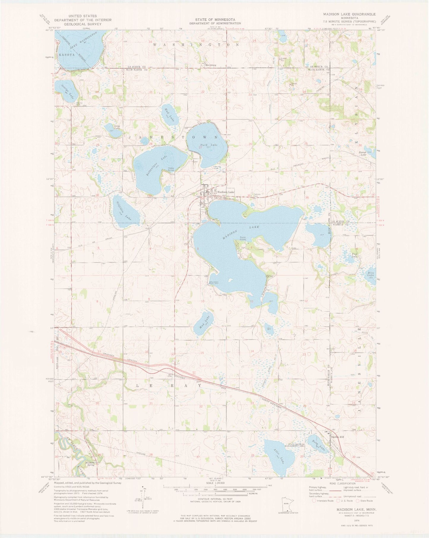 Classic USGS Madison Lake Minnesota 7.5'x7.5' Topo Map Image
